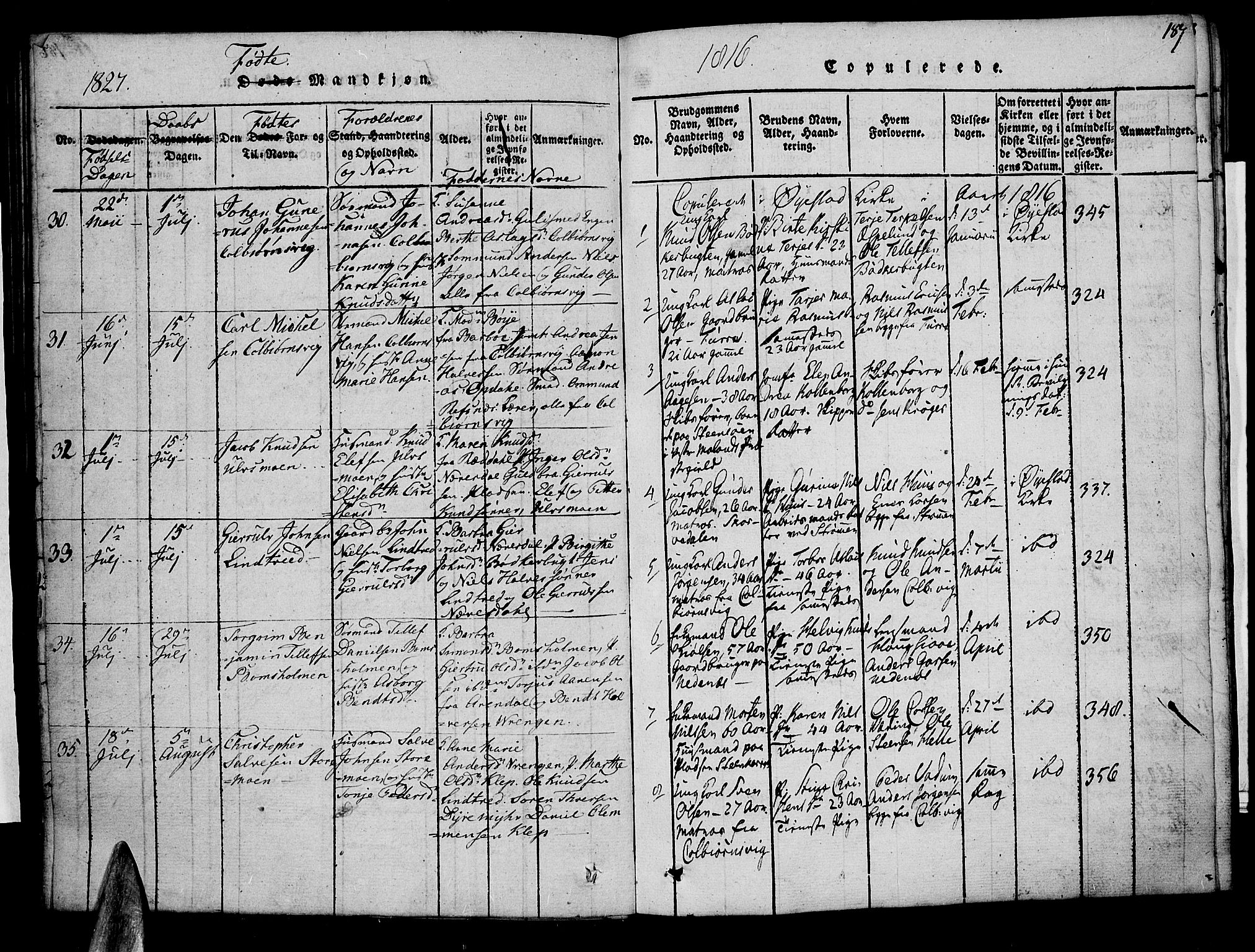 Øyestad sokneprestkontor, SAK/1111-0049/F/Fa/L0012: Parish register (official) no. A 12, 1816-1827, p. 187