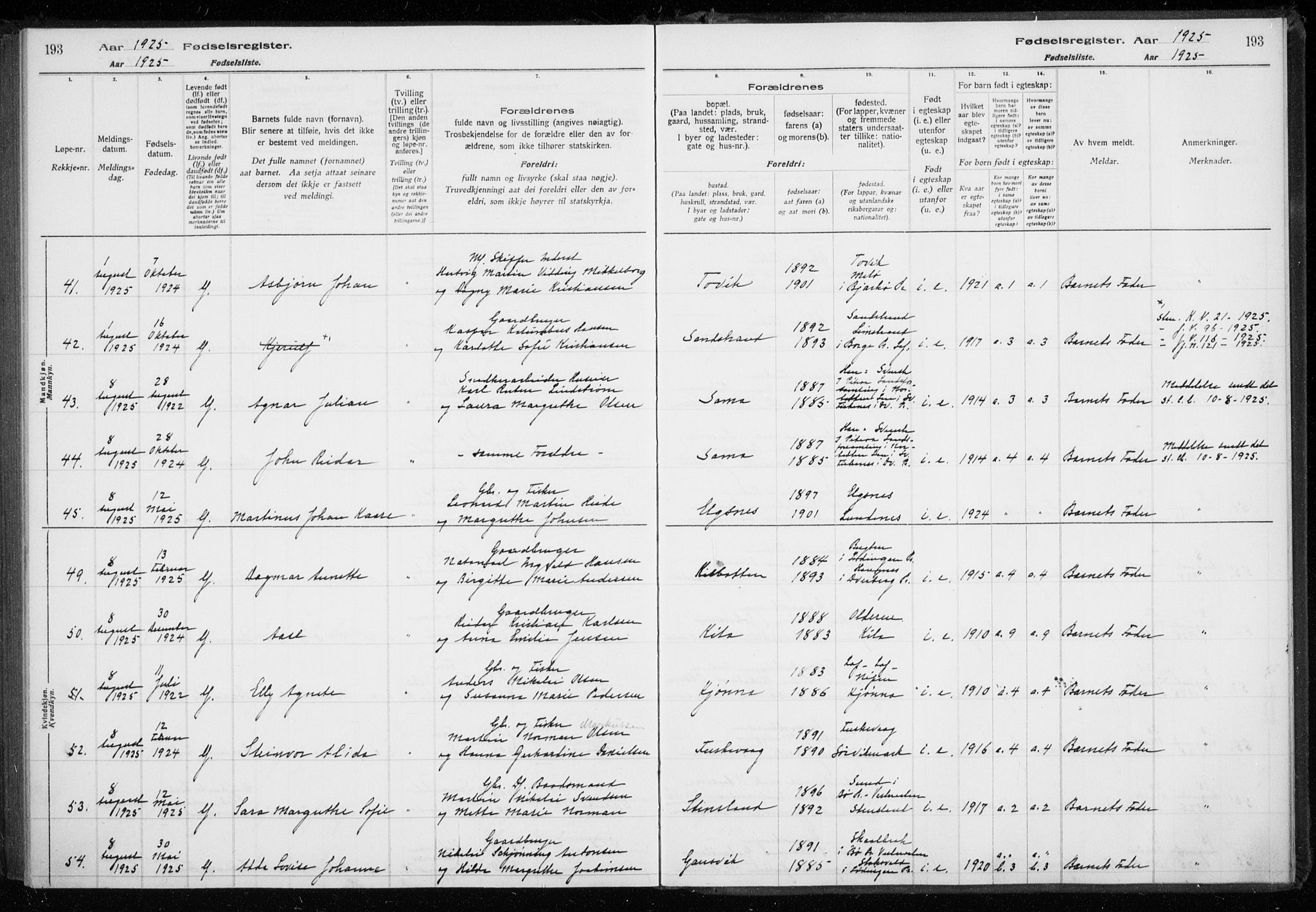 Trondenes sokneprestkontor, AV/SATØ-S-1319/I/Ia/L0089: Birth register no. 89, 1916-1925, p. 193