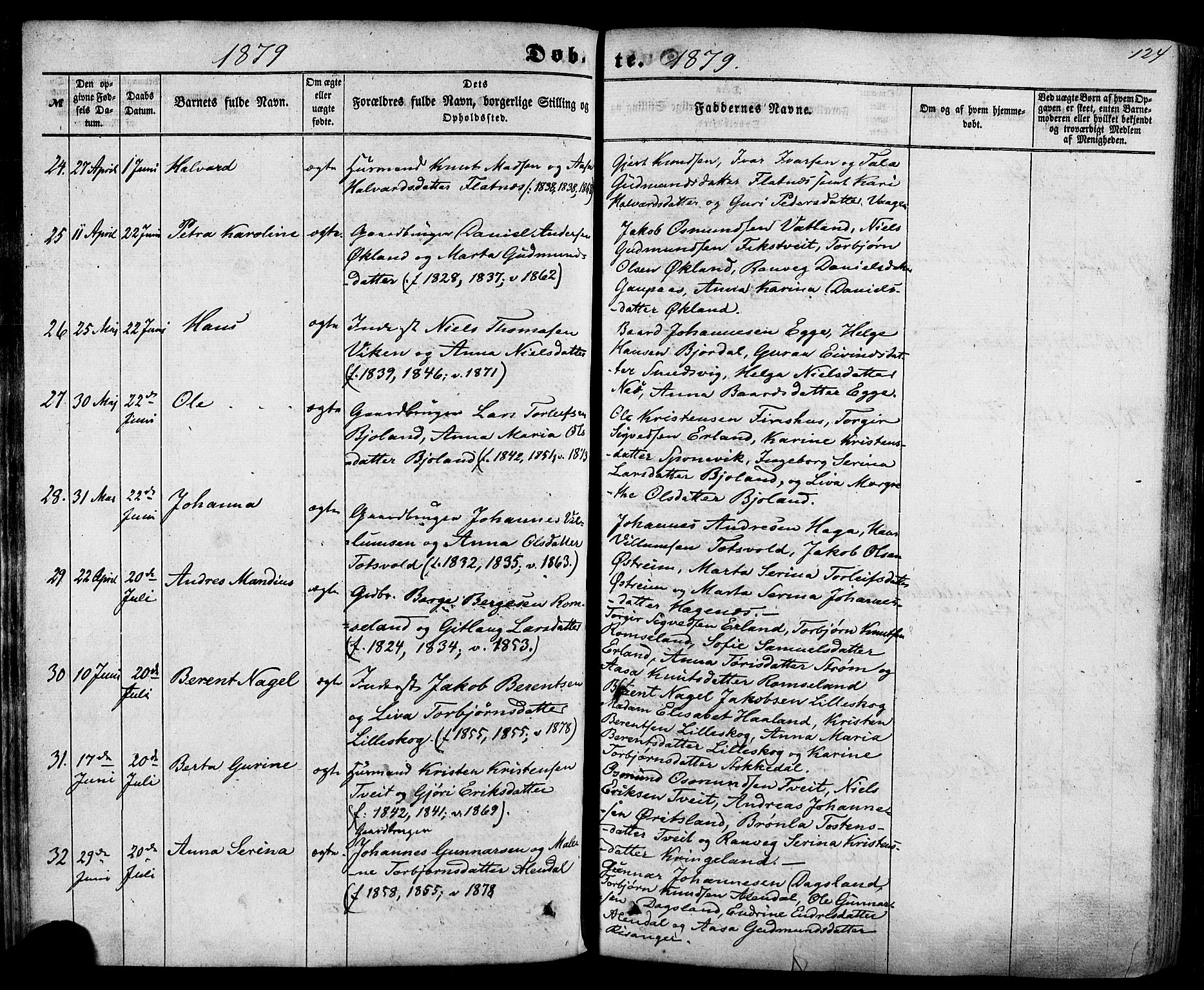 Skjold sokneprestkontor, AV/SAST-A-101847/H/Ha/Haa/L0008: Parish register (official) no. A 8, 1856-1882, p. 124