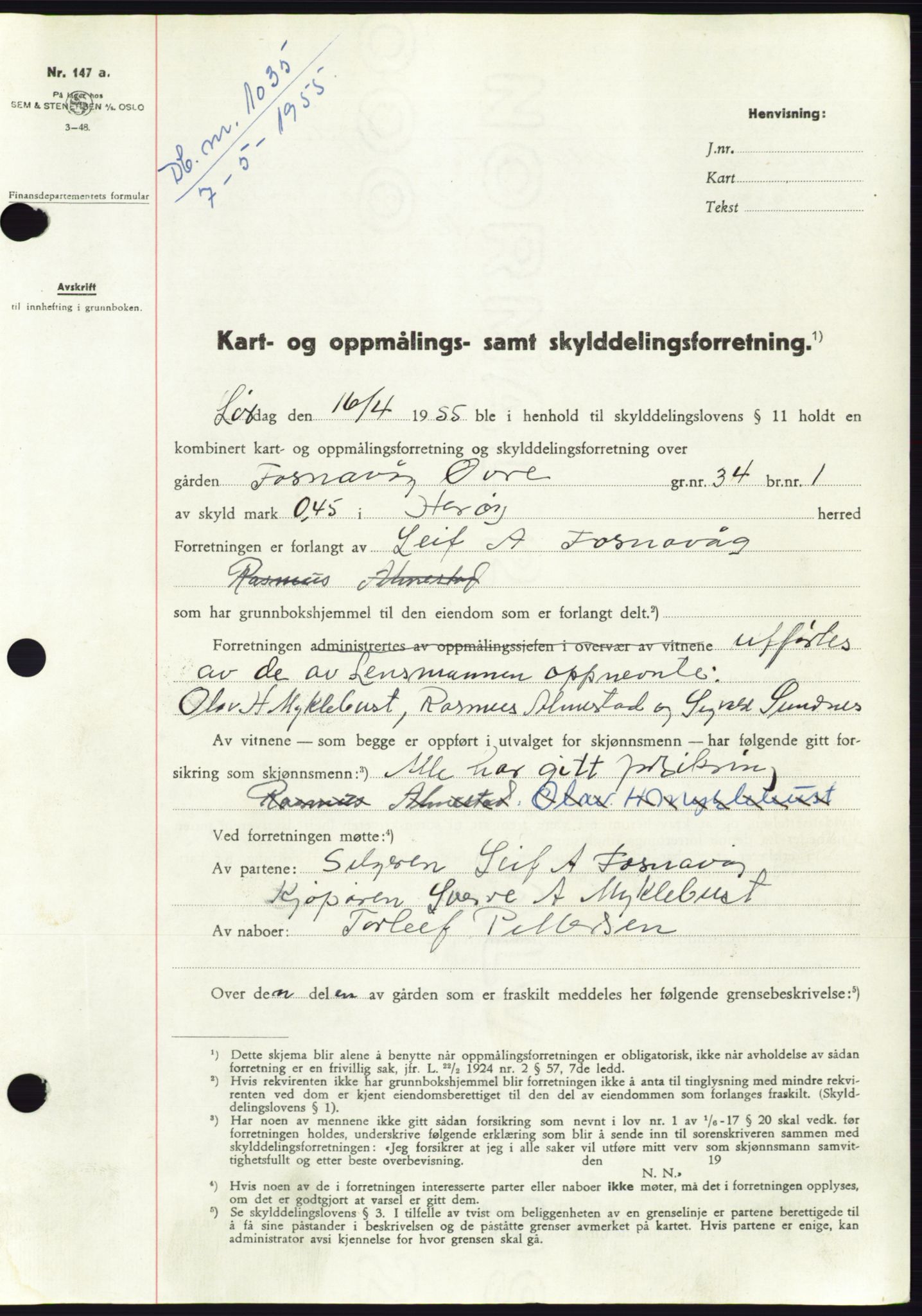 Søre Sunnmøre sorenskriveri, AV/SAT-A-4122/1/2/2C/L0100: Mortgage book no. 26A, 1954-1955, Diary no: : 1035/1955