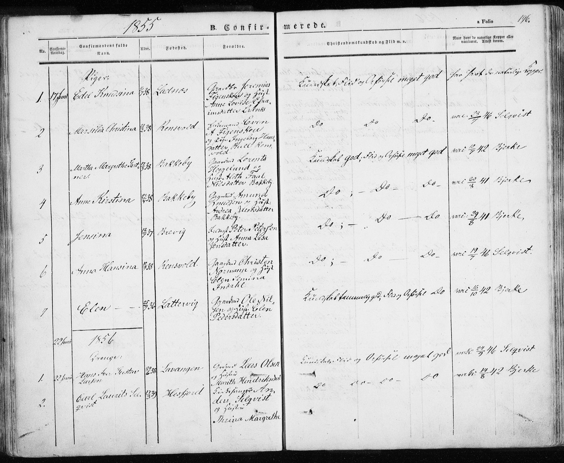 Karlsøy sokneprestembete, SATØ/S-1299/H/Ha/Haa/L0003kirke: Parish register (official) no. 3, 1843-1860, p. 196