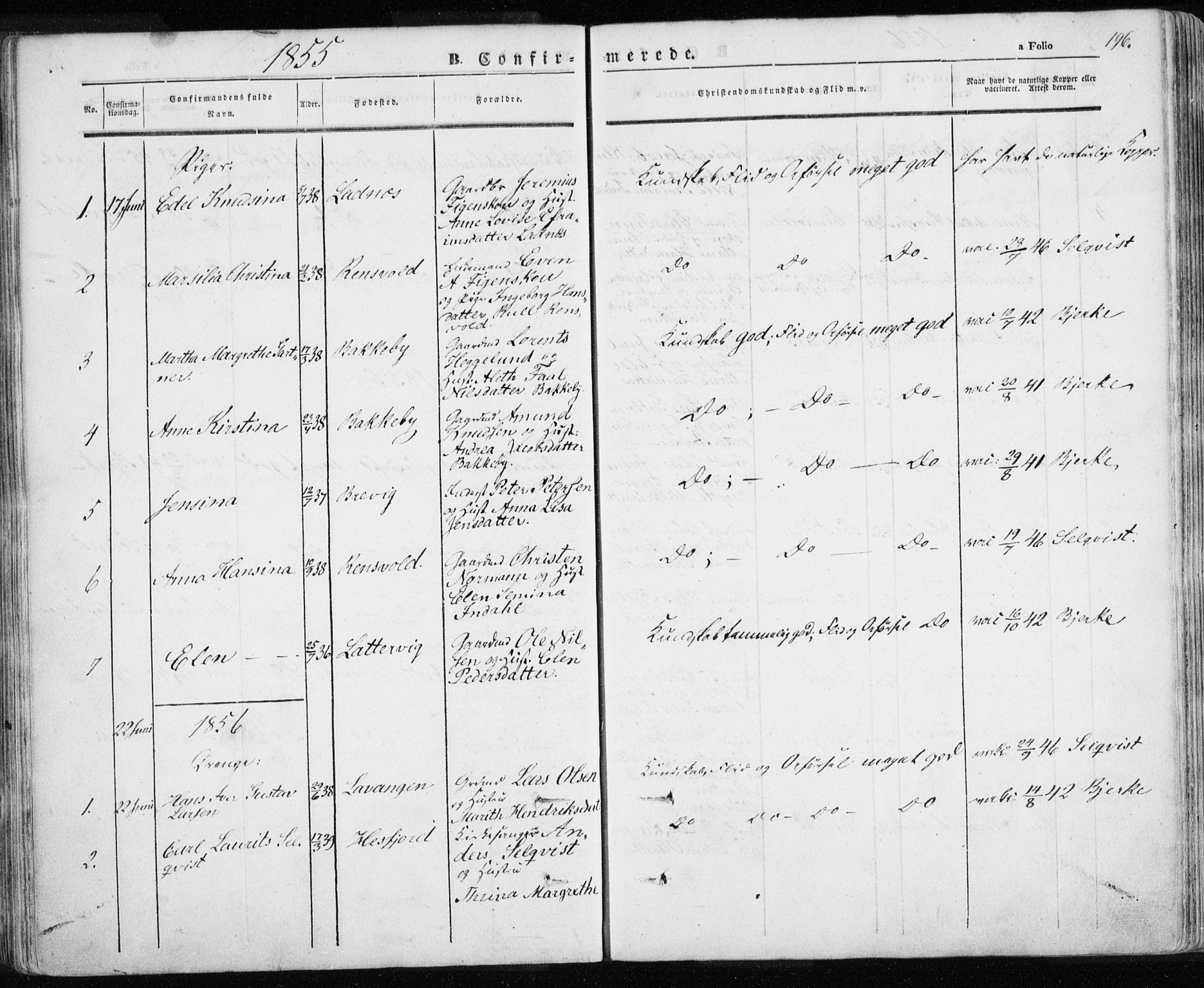 Karlsøy sokneprestembete, AV/SATØ-S-1299/H/Ha/Haa/L0003kirke: Parish register (official) no. 3, 1843-1860, p. 196