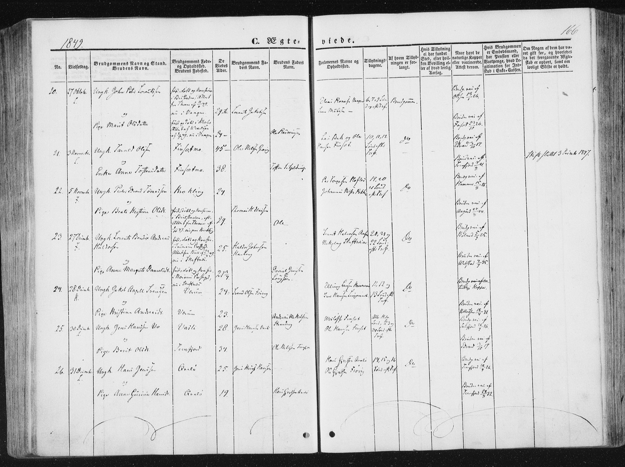 Ministerialprotokoller, klokkerbøker og fødselsregistre - Nord-Trøndelag, AV/SAT-A-1458/780/L0640: Parish register (official) no. 780A05, 1845-1856, p. 166