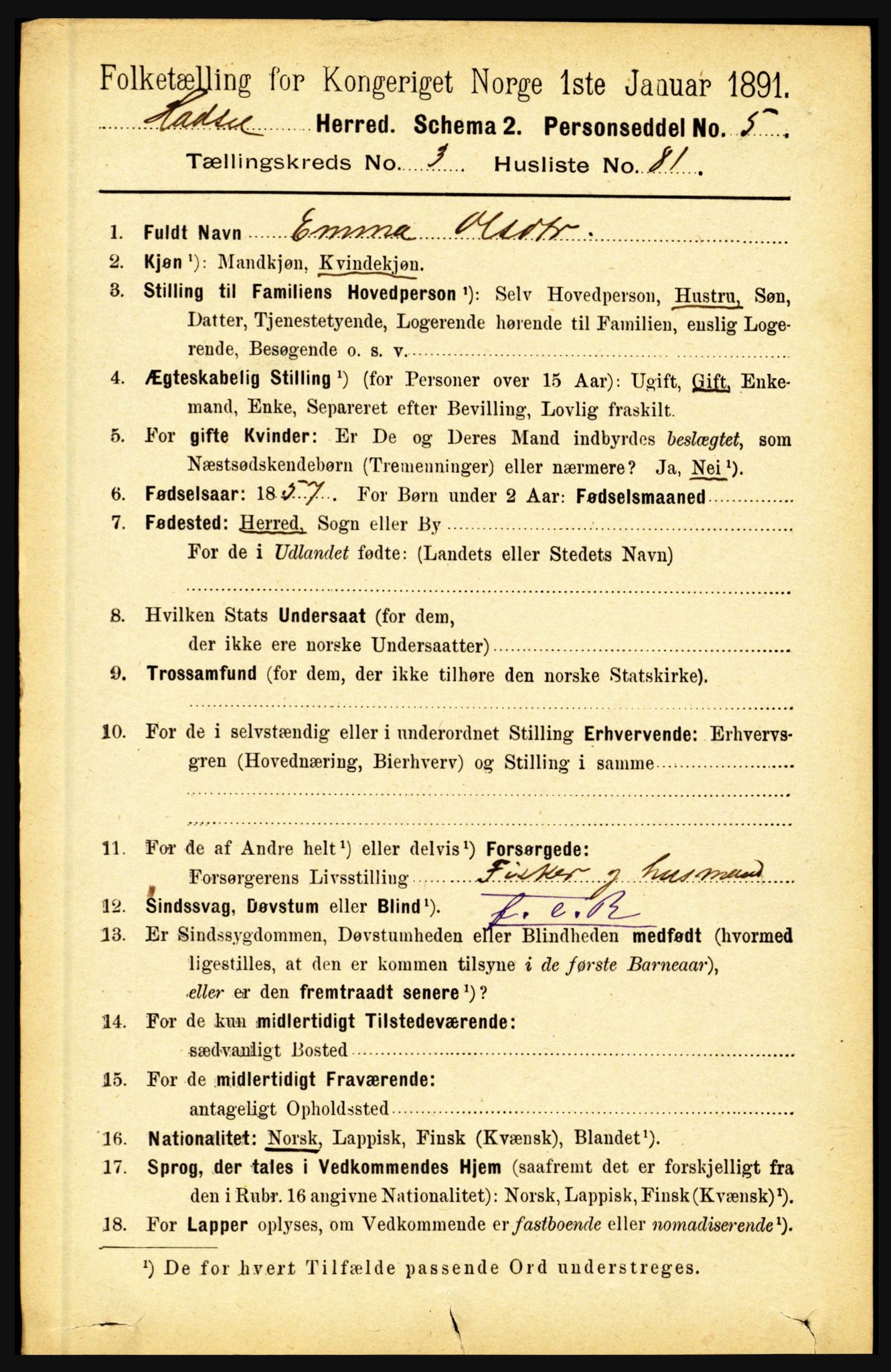 RA, 1891 census for 1866 Hadsel, 1891, p. 1648