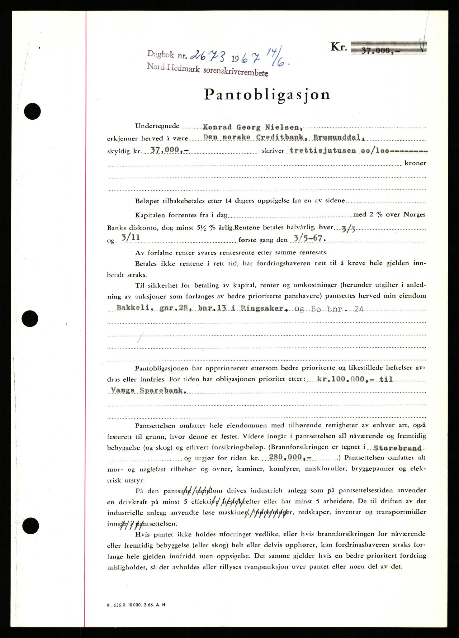 Nord-Hedmark sorenskriveri, SAH/TING-012/H/Hb/Hbf/L0071: Mortgage book no. B71, 1967-1967, Diary no: : 2673/1967