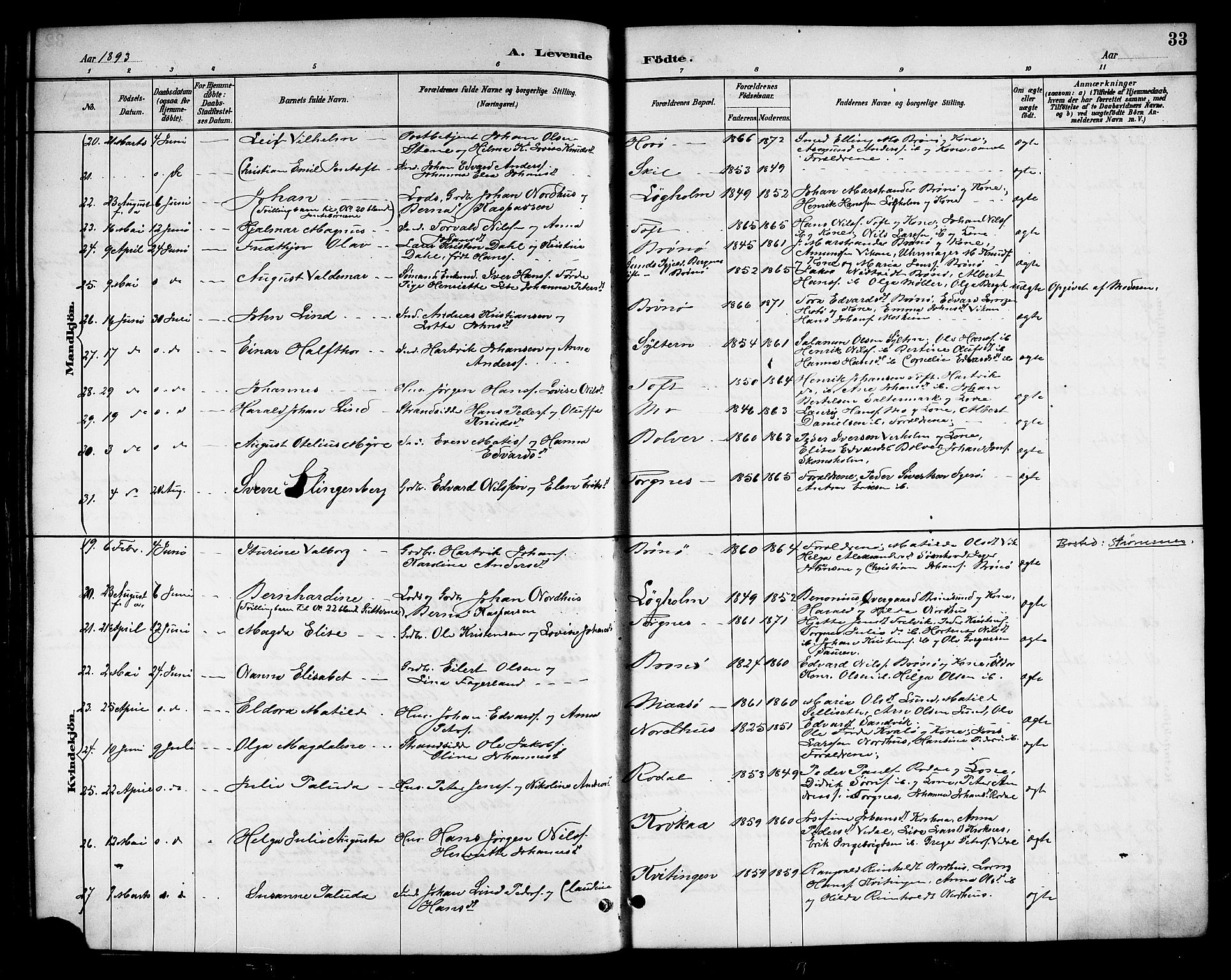 Ministerialprotokoller, klokkerbøker og fødselsregistre - Nordland, SAT/A-1459/813/L0213: Parish register (copy) no. 813C05, 1887-1903, p. 33