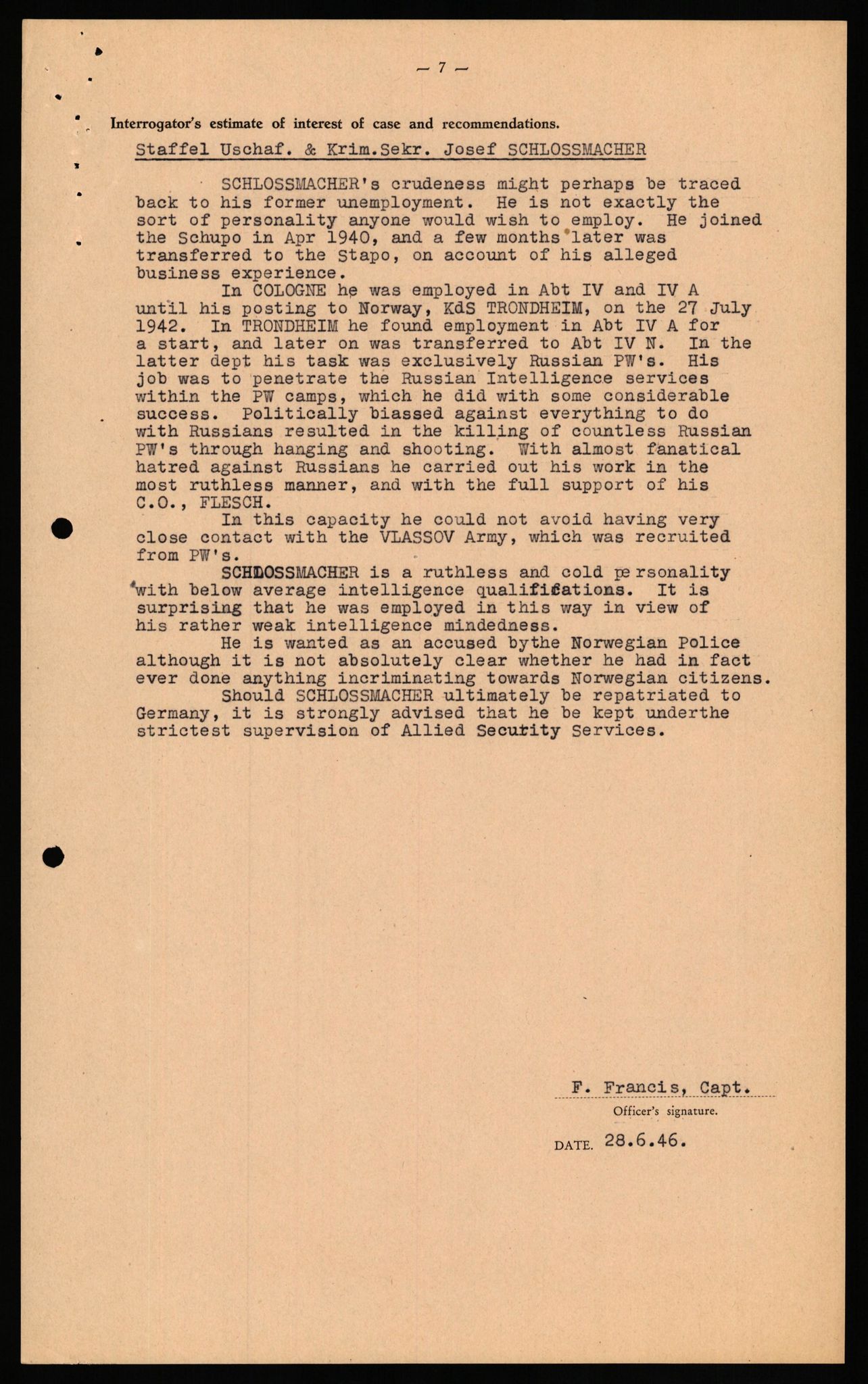 Forsvaret, Forsvarets overkommando II, AV/RA-RAFA-3915/D/Db/L0029: CI Questionaires. Tyske okkupasjonsstyrker i Norge. Tyskere., 1945-1946, p. 282