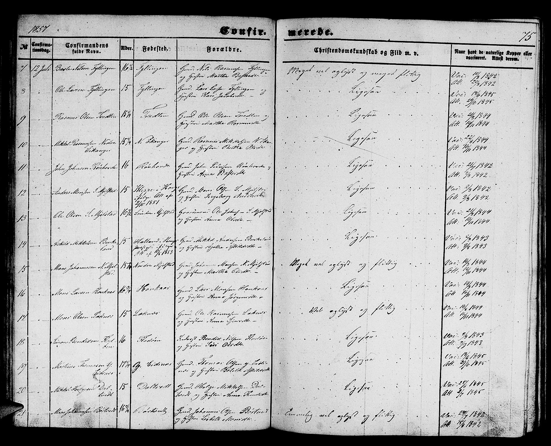 Hamre sokneprestembete, AV/SAB-A-75501/H/Ha/Hab: Parish register (copy) no. B 1, 1852-1863, p. 75