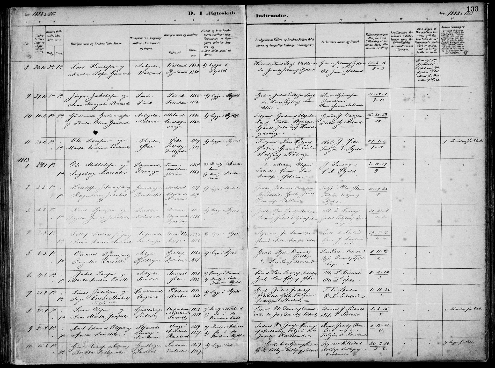 Skjold sokneprestkontor, AV/SAST-A-101847/H/Ha/Haa/L0010: Parish register (official) no. A 10, 1882-1897, p. 133