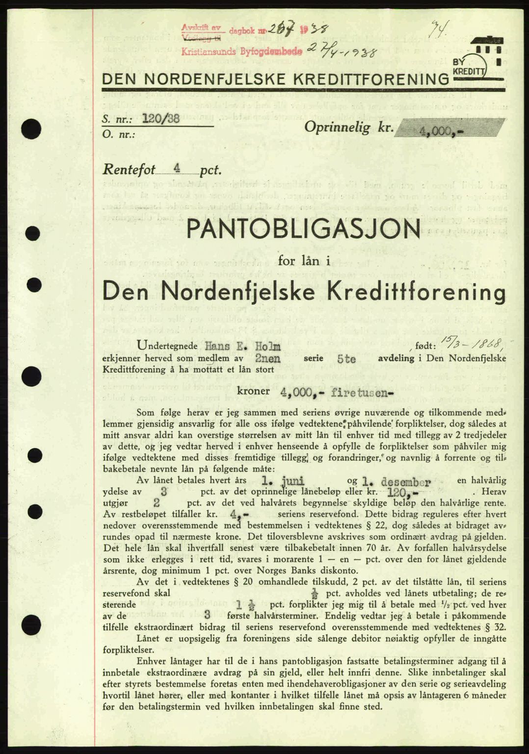 Kristiansund byfogd, SAT/A-4587/A/27: Mortgage book no. 31, 1938-1939, Diary no: : 267/1938