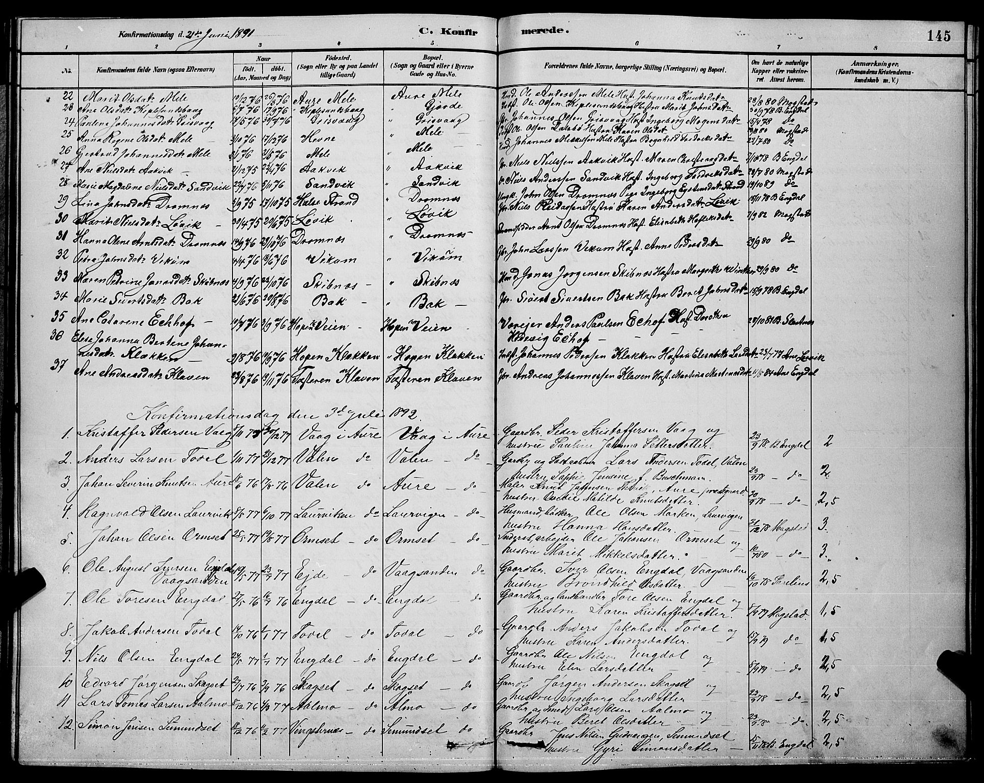 Ministerialprotokoller, klokkerbøker og fødselsregistre - Møre og Romsdal, AV/SAT-A-1454/578/L0909: Parish register (copy) no. 578C02, 1882-1900, p. 145