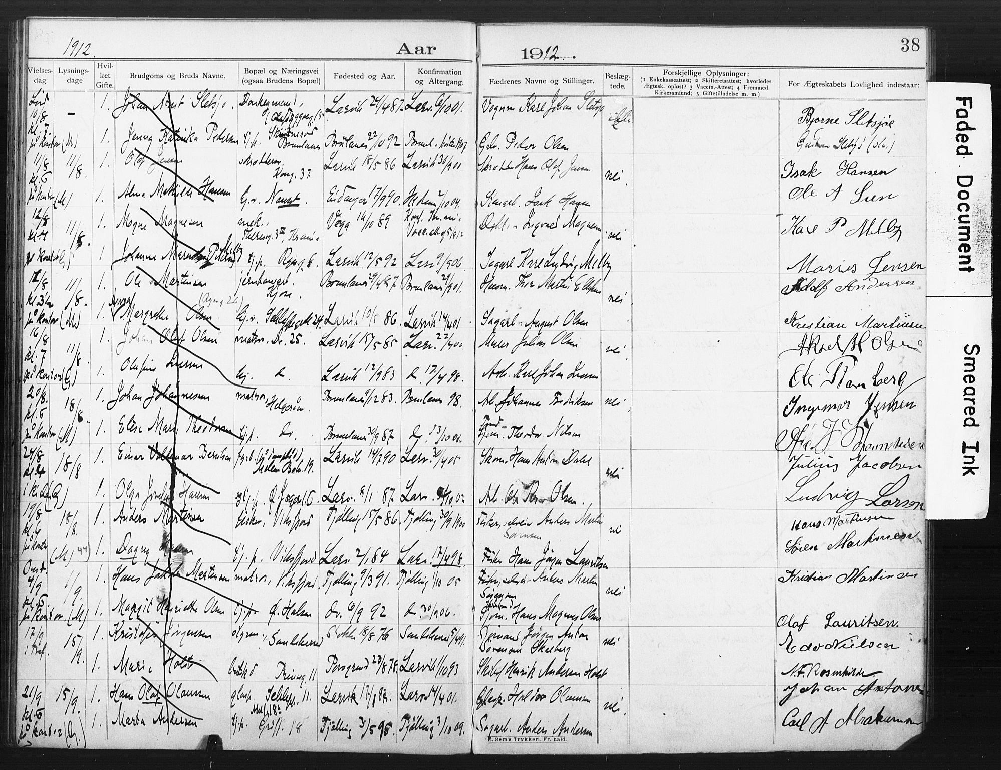 Larvik kirkebøker, AV/SAKO-A-352/H/Ha/L0003: Banns register no. 3, 1907-1918, p. 38