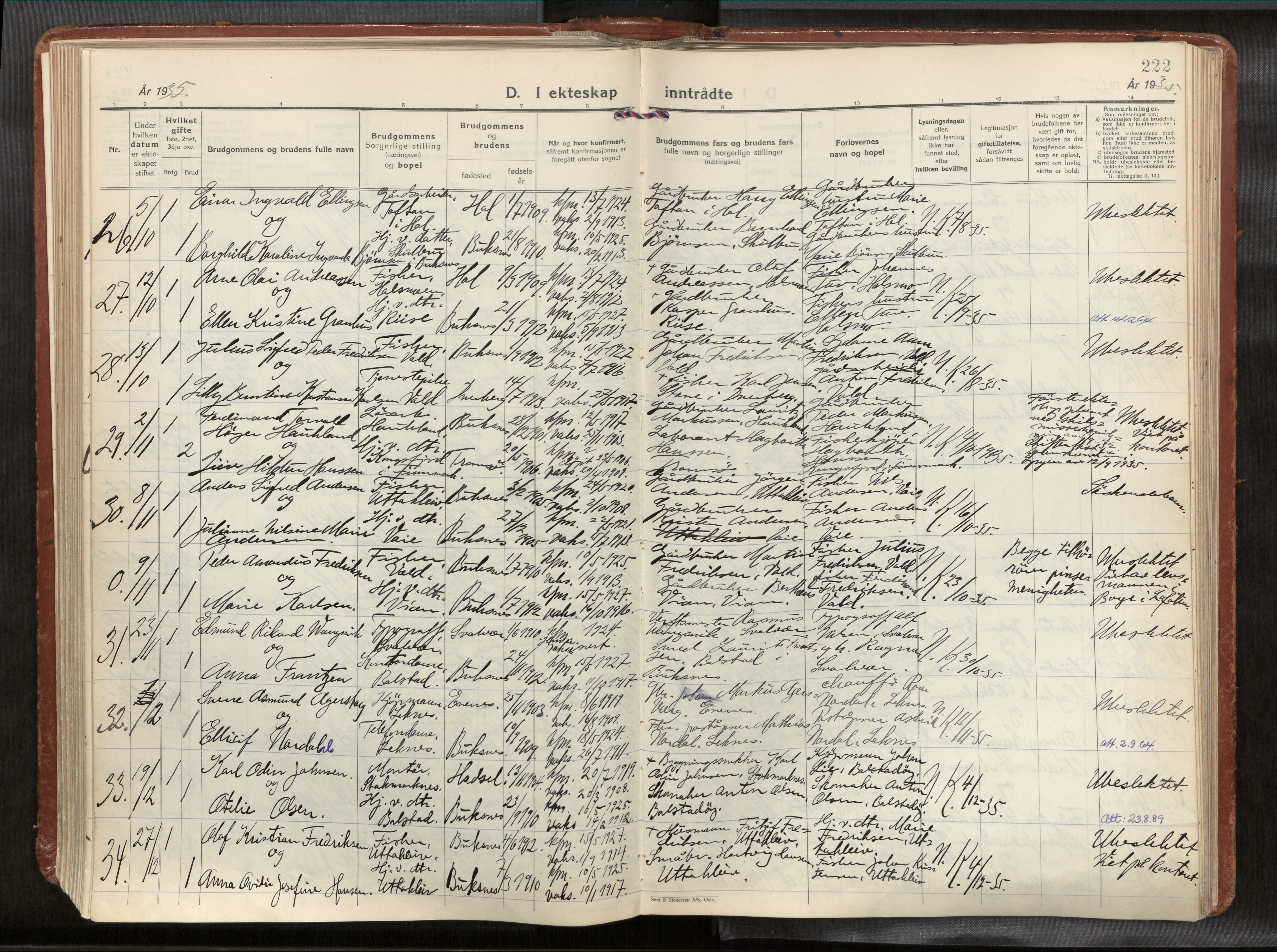 Ministerialprotokoller, klokkerbøker og fødselsregistre - Nordland, AV/SAT-A-1459/881/L1161: Parish register (official) no. 881A14, 1932-1955, p. 222