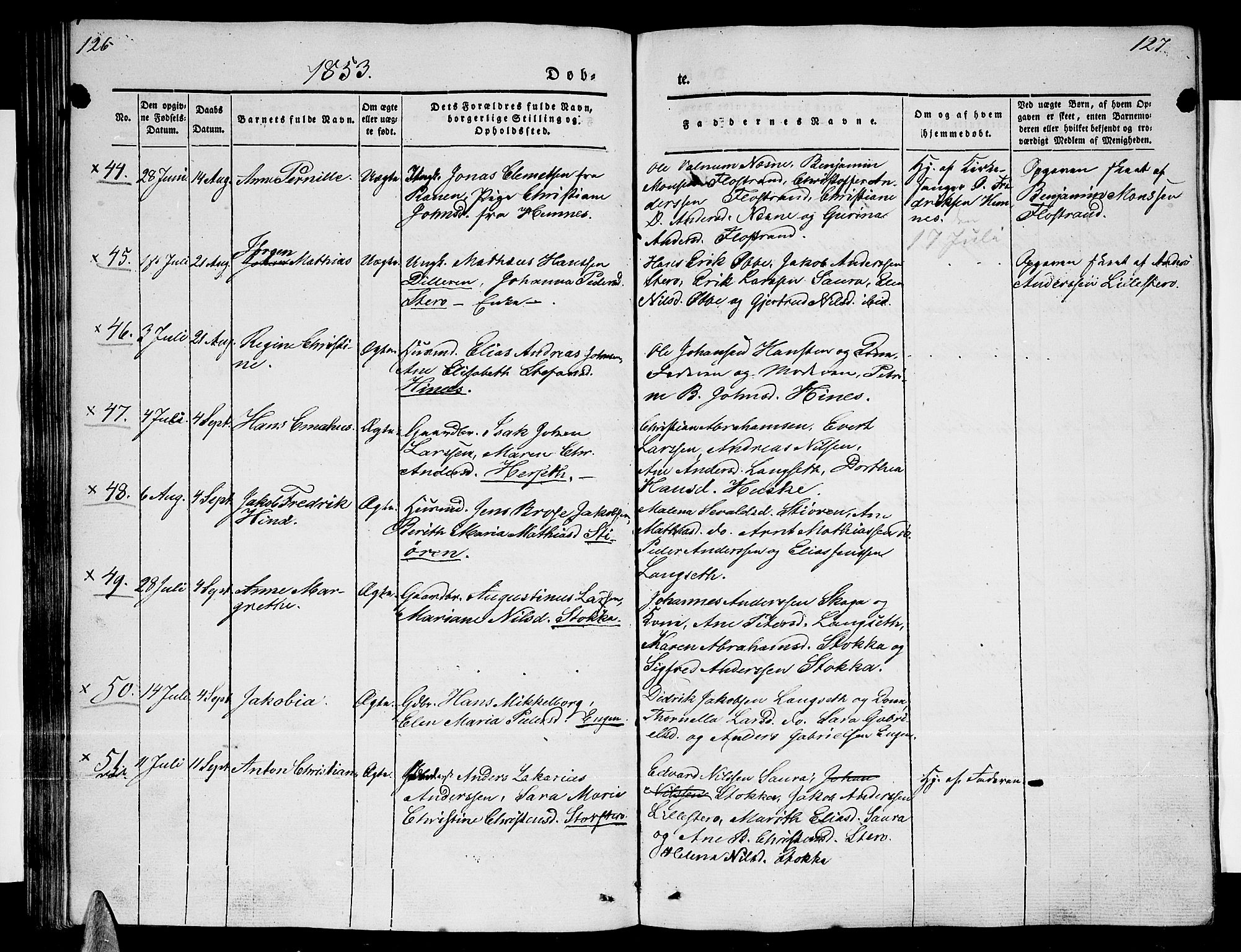 Ministerialprotokoller, klokkerbøker og fødselsregistre - Nordland, AV/SAT-A-1459/838/L0555: Parish register (copy) no. 838C02, 1842-1861, p. 126-127