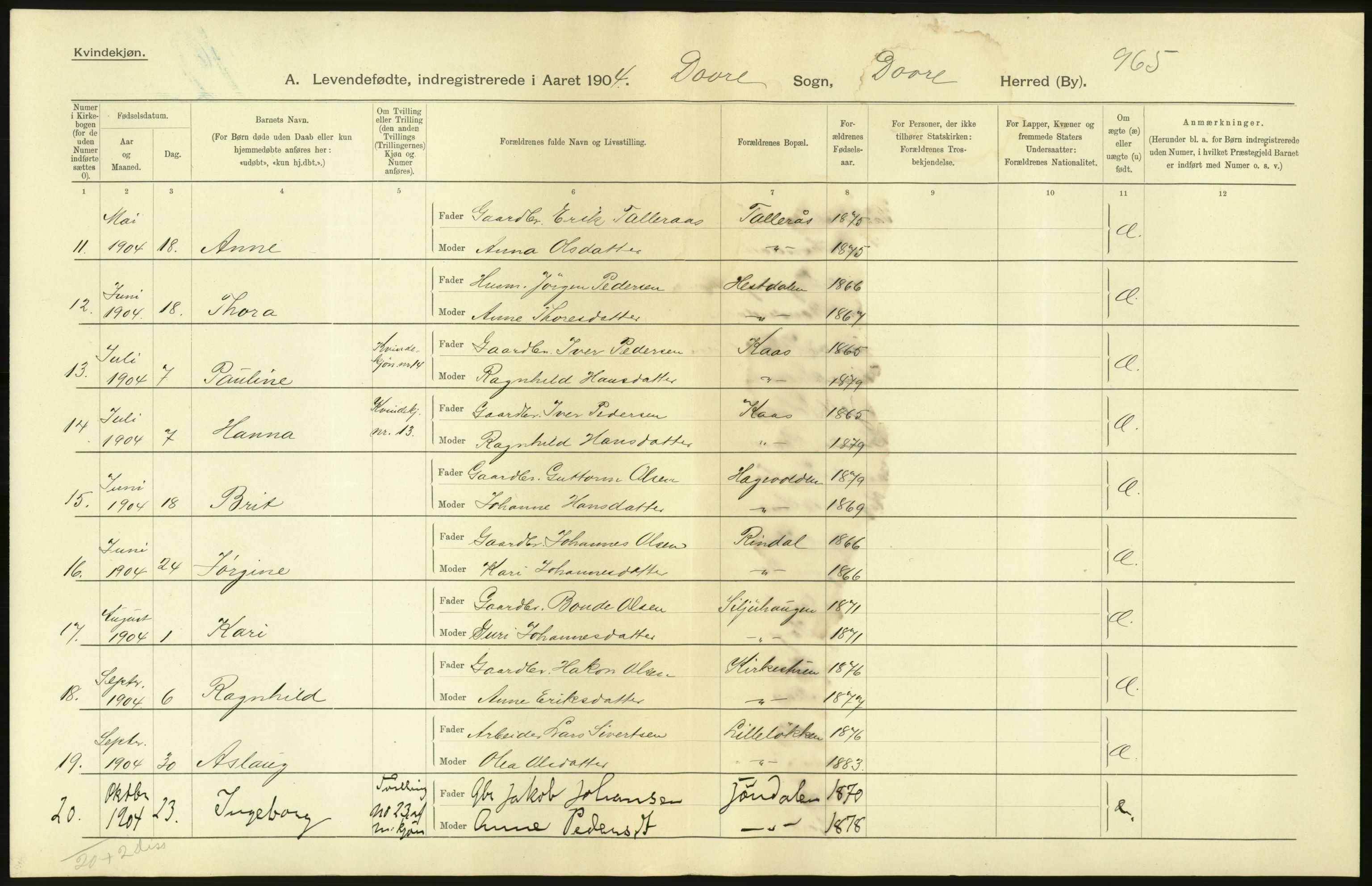 Statistisk sentralbyrå, Sosiodemografiske emner, Befolkning, AV/RA-S-2228/D/Df/Dfa/Dfab/L0006: Kristians amt: Fødte, gifte, døde, 1904, p. 6