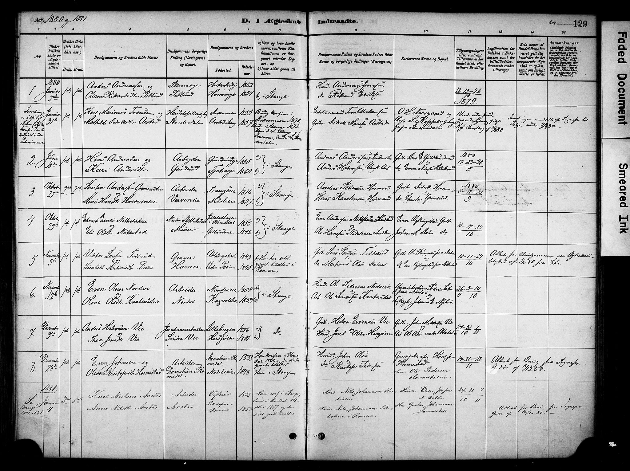 Stange prestekontor, SAH/PREST-002/K/L0019: Parish register (official) no. 19, 1880-1891, p. 129