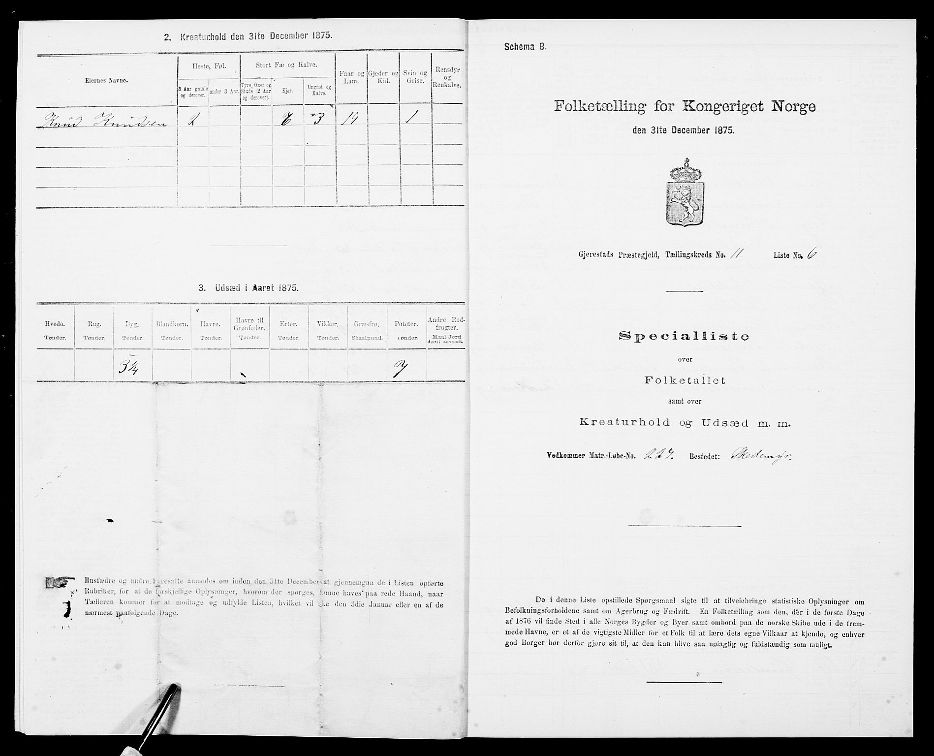 SAK, 1875 census for 0911P Gjerstad, 1875, p. 1125