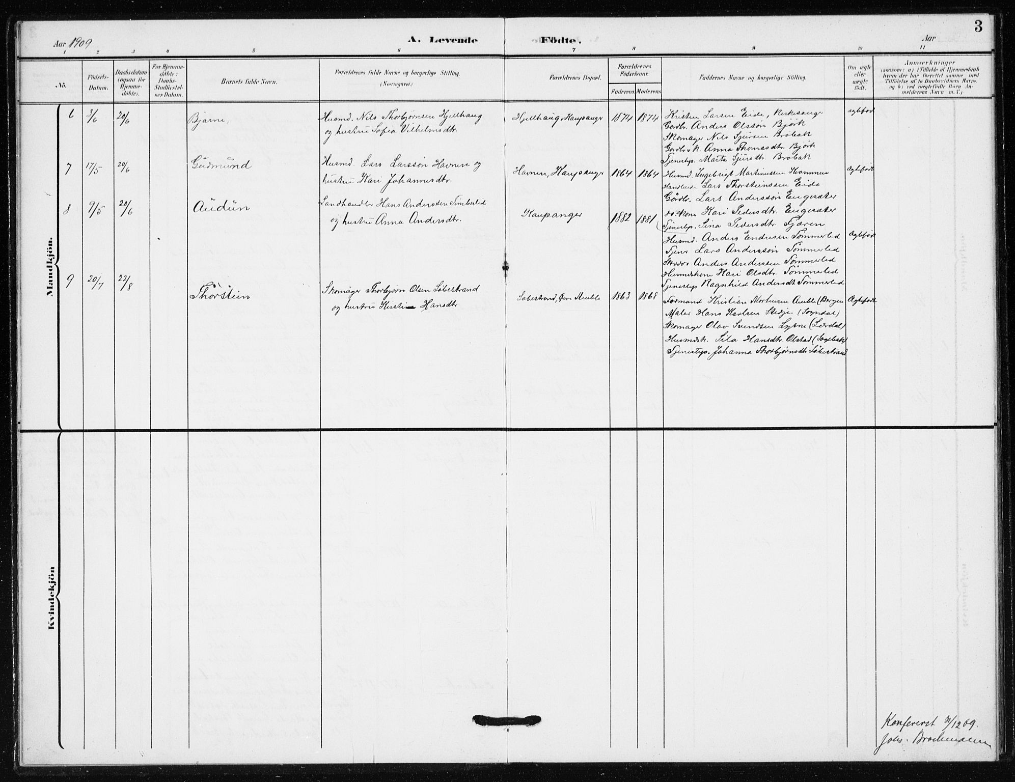 Sogndal sokneprestembete, AV/SAB-A-81301/H/Hab/Habb/L0002: Parish register (copy) no. B 2, 1908-1933, p. 3