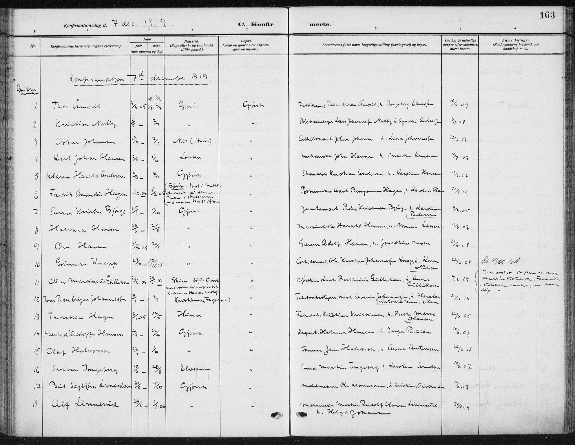 Vardal prestekontor, SAH/PREST-100/H/Ha/Haa/L0014: Parish register (official) no. 14, 1912-1922, p. 163