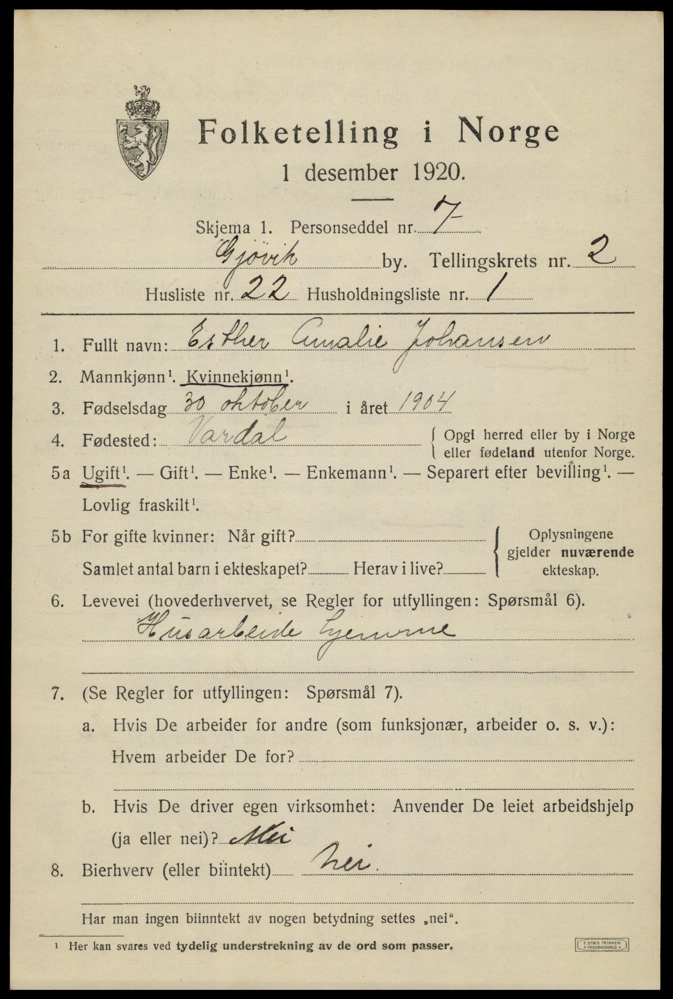 SAH, 1920 census for Gjøvik, 1920, p. 5108