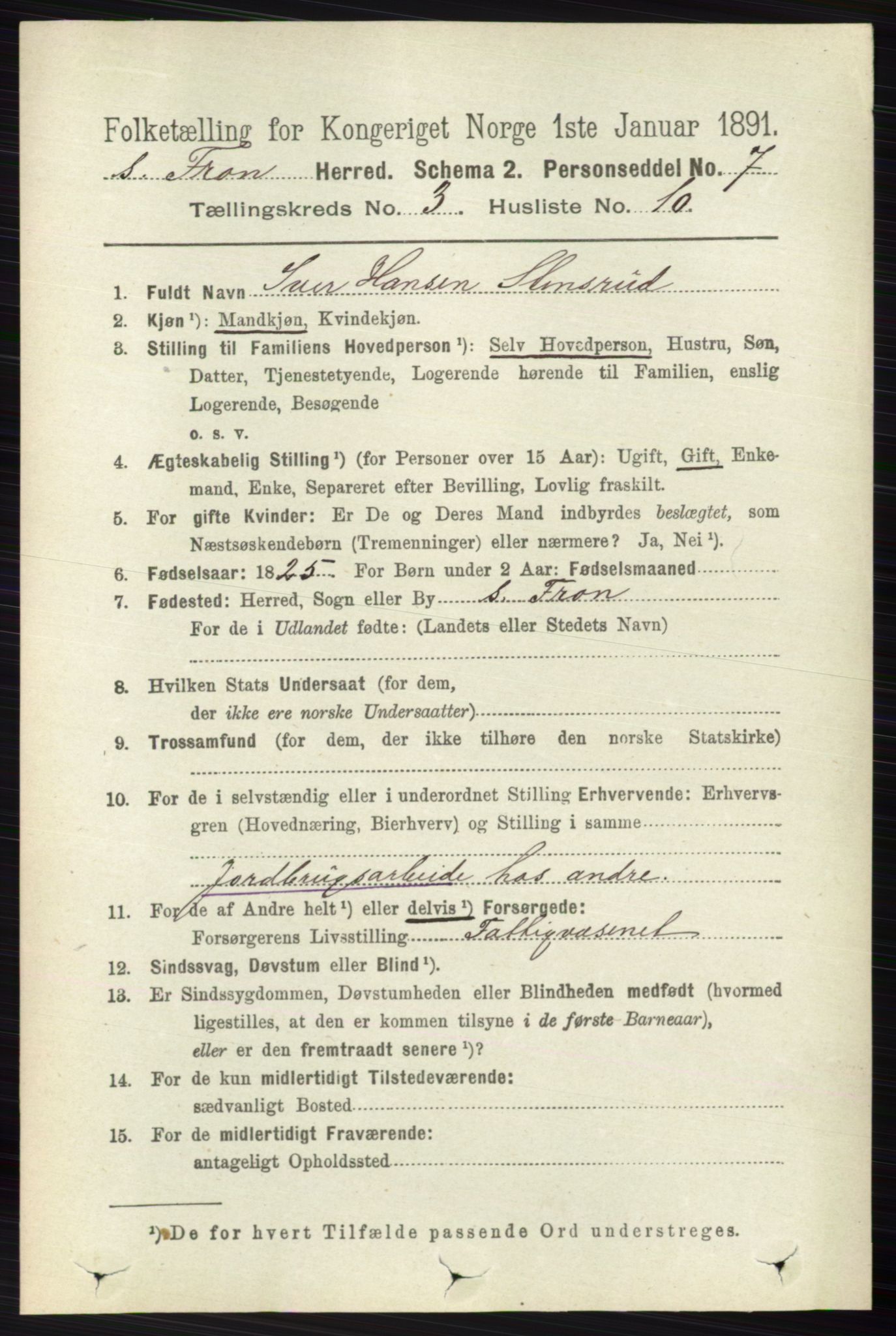 RA, 1891 census for 0519 Sør-Fron, 1891, p. 1023