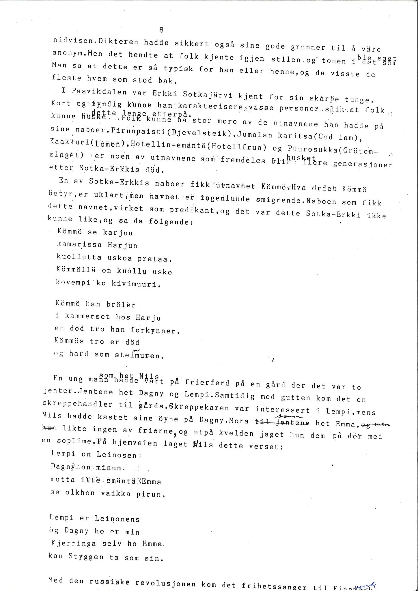 Vadsø museum - Ruija kvenmuseum, VAMU/A-0531/G/L0001/0001: Innsamling / Innsamling av kvenmusikk, 1987-1988, p. 8