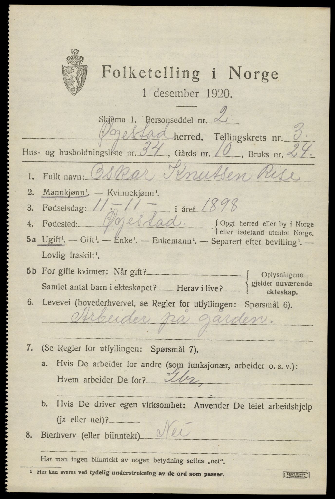 SAK, 1920 census for Øyestad, 1920, p. 3032
