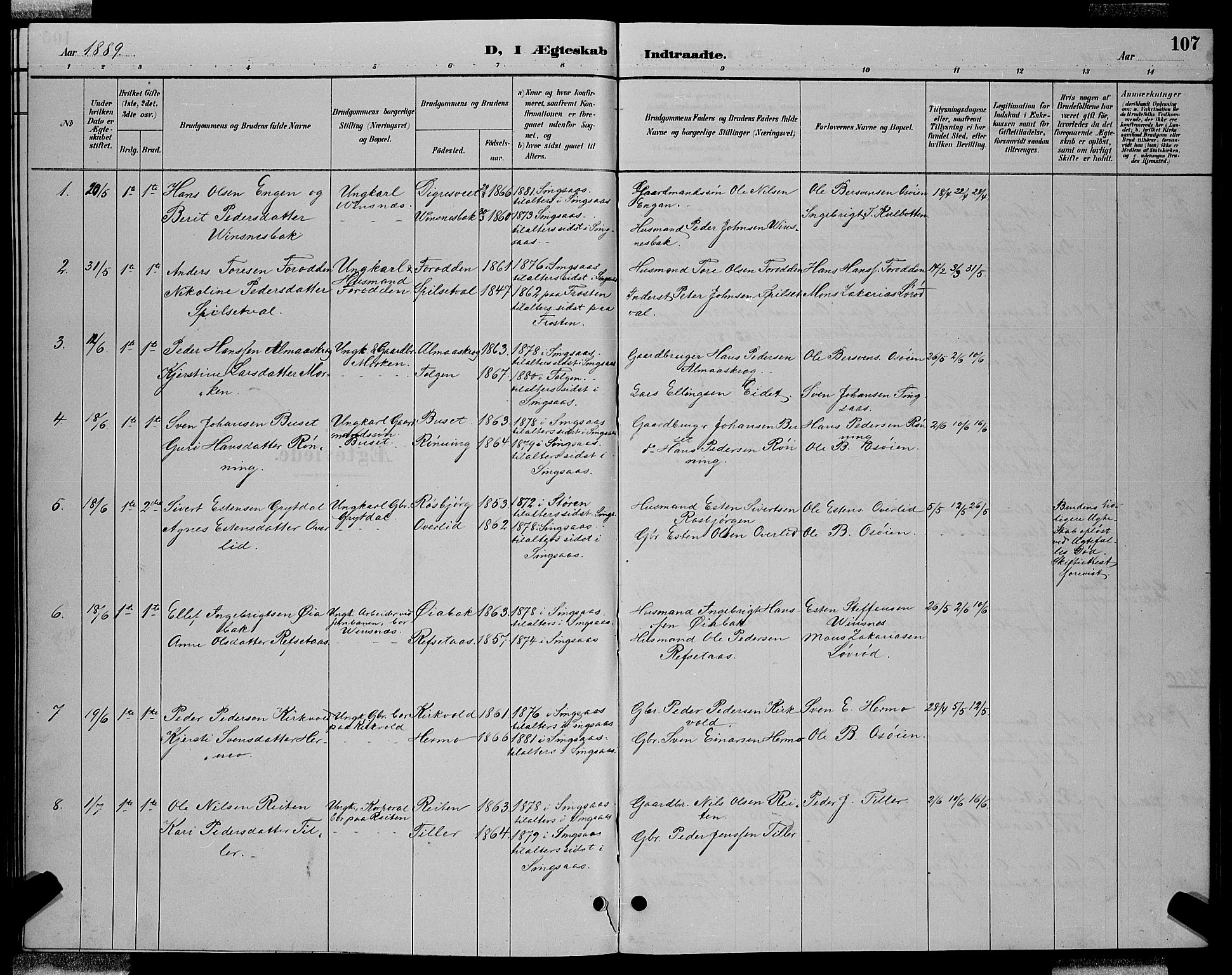 Ministerialprotokoller, klokkerbøker og fødselsregistre - Sør-Trøndelag, SAT/A-1456/688/L1028: Parish register (copy) no. 688C03, 1889-1899, p. 107