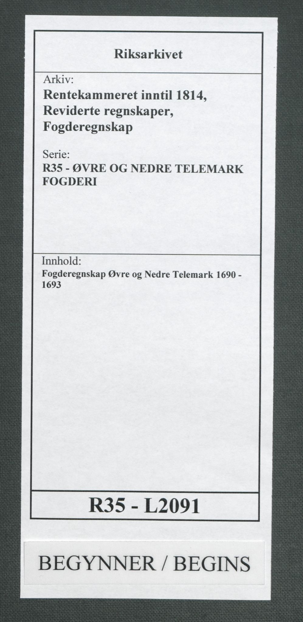 Rentekammeret inntil 1814, Reviderte regnskaper, Fogderegnskap, RA/EA-4092/R35/L2091: Fogderegnskap Øvre og Nedre Telemark, 1690-1693, p. 1