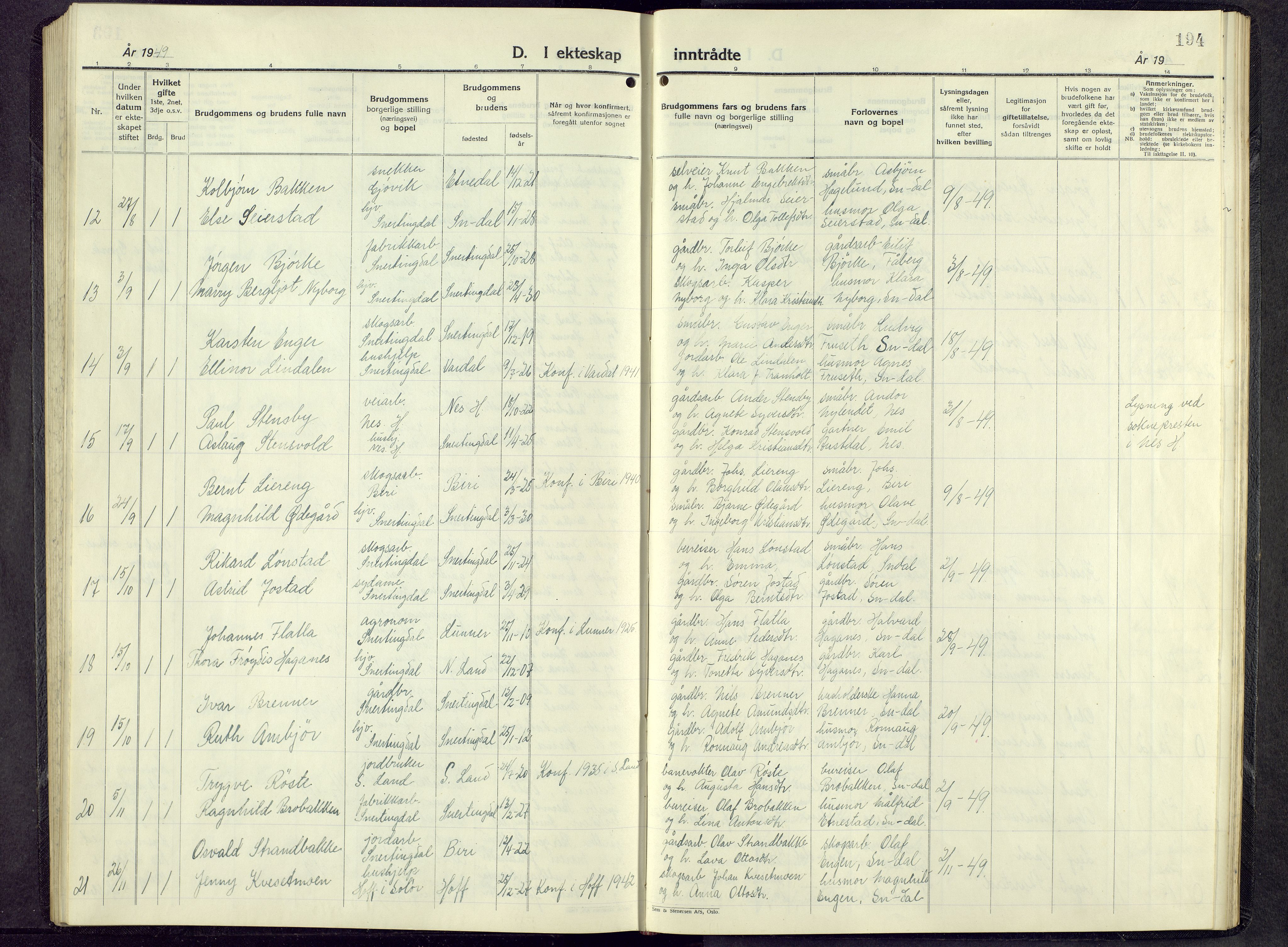 Biri prestekontor, AV/SAH-PREST-096/H/Ha/Hab/L0009: Parish register (copy) no. 9, 1942-1955, p. 194