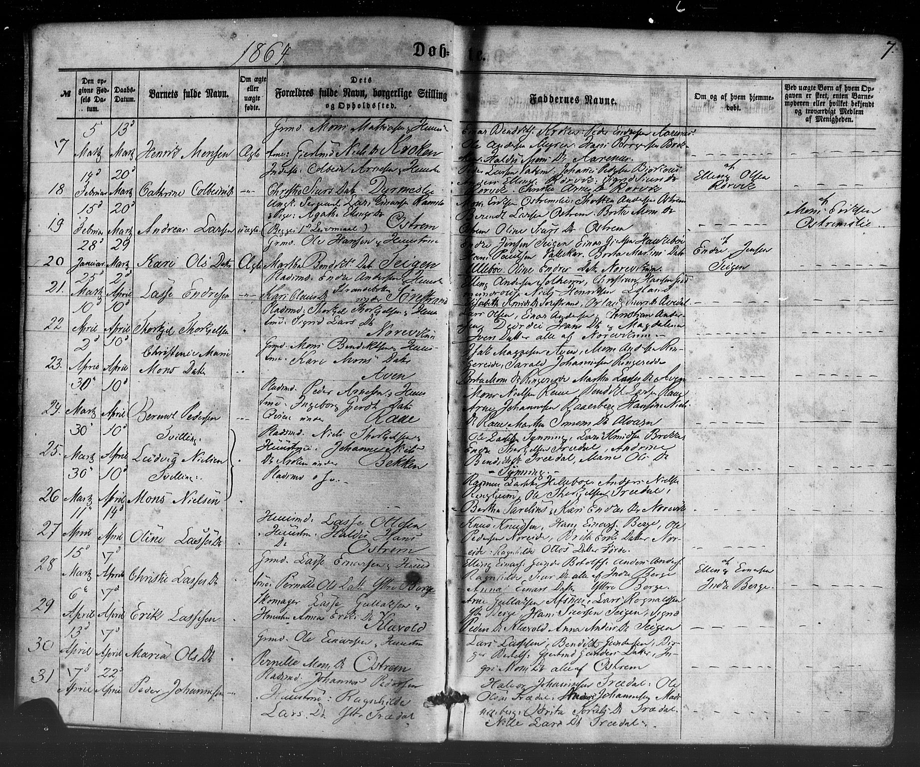 Lavik sokneprestembete, AV/SAB-A-80901: Parish register (official) no. A 4, 1864-1881, p. 7