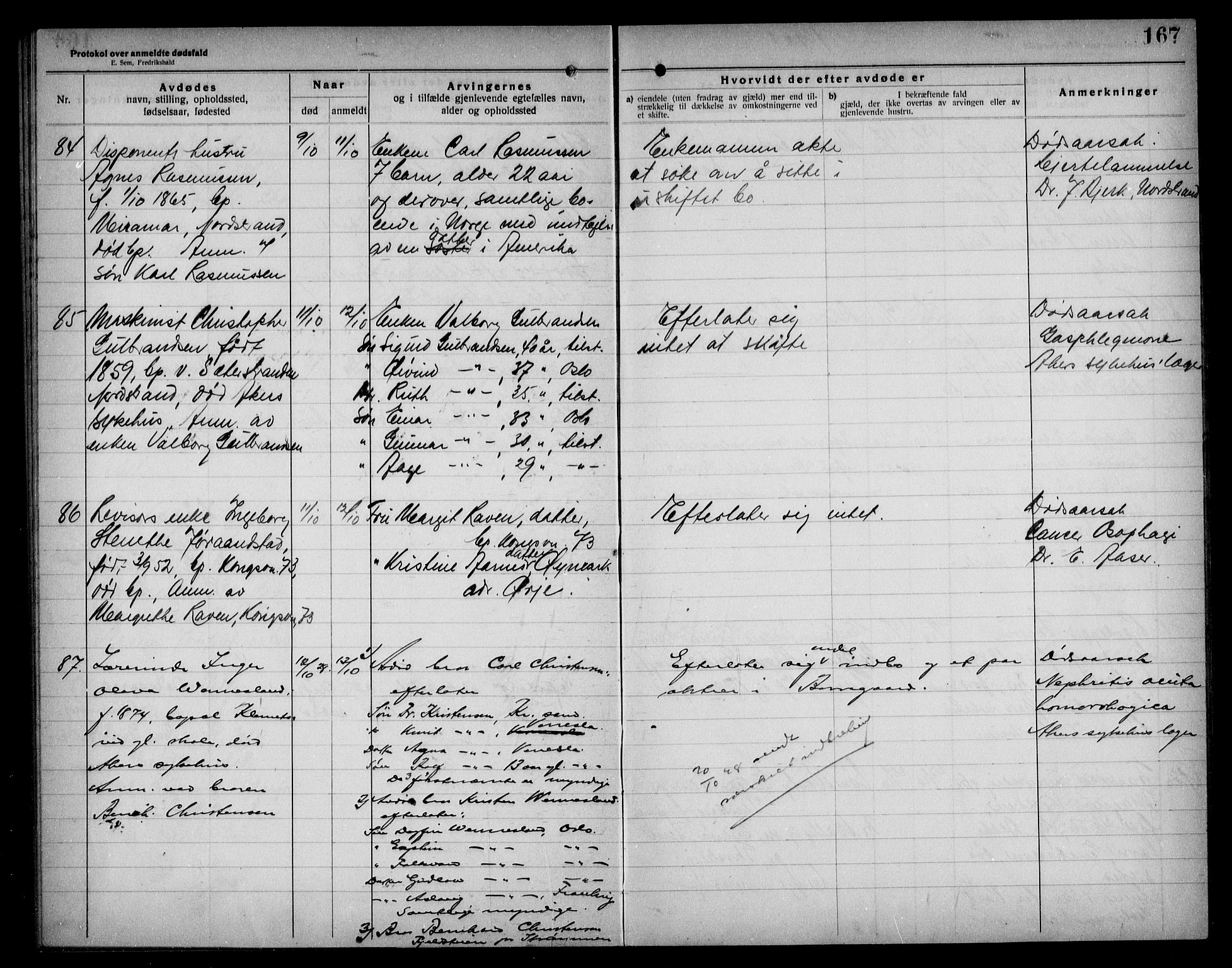 Aker kriminaldommer, skifte- og auksjonsforvalterembete, AV/SAO-A-10452/H/Hb/Hba/Hbad/L0001: Dødsfallsprotokoll for Nordstrand, 1922-1929, p. 167