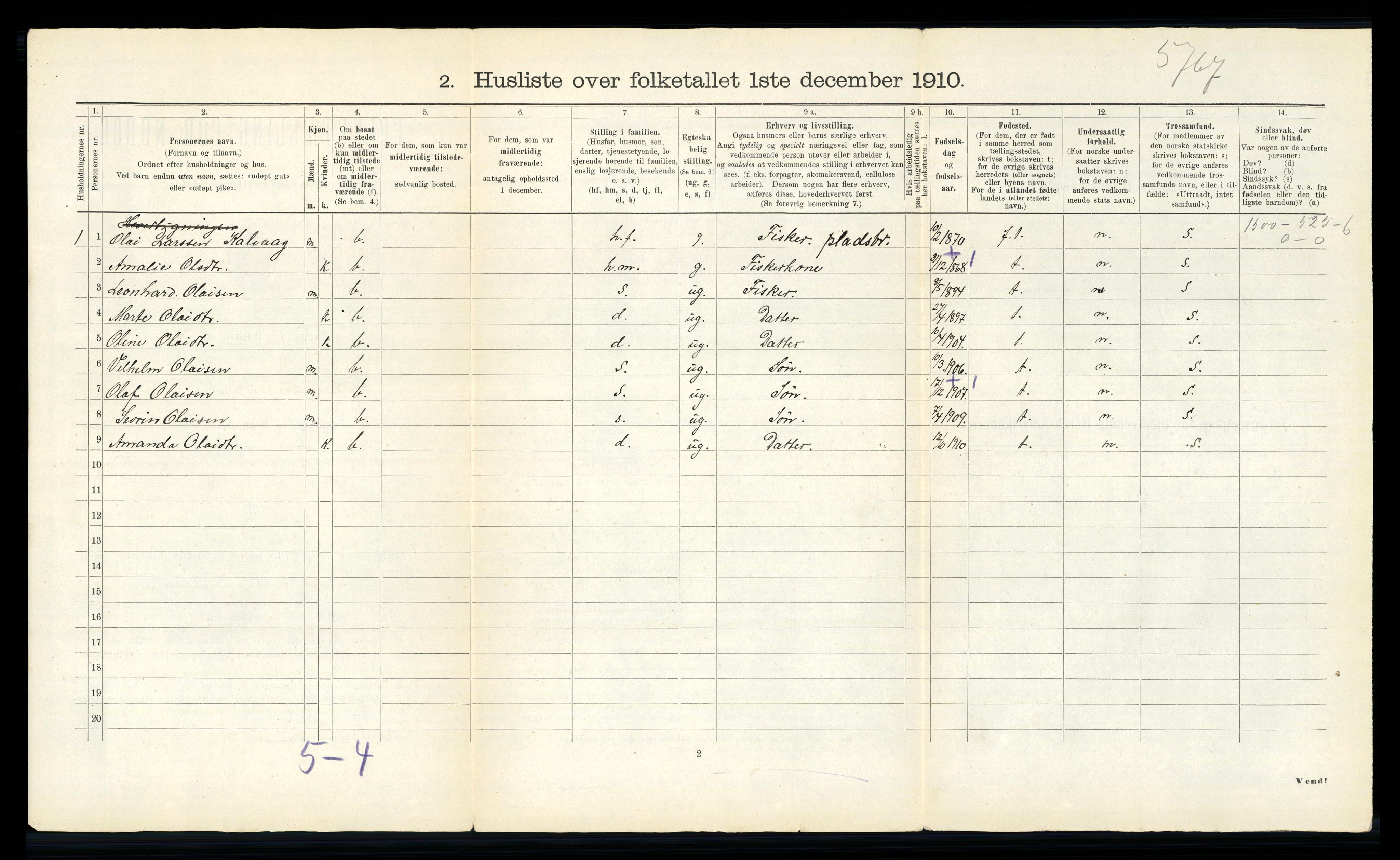 RA, 1910 census for Bremanger, 1910, p. 54