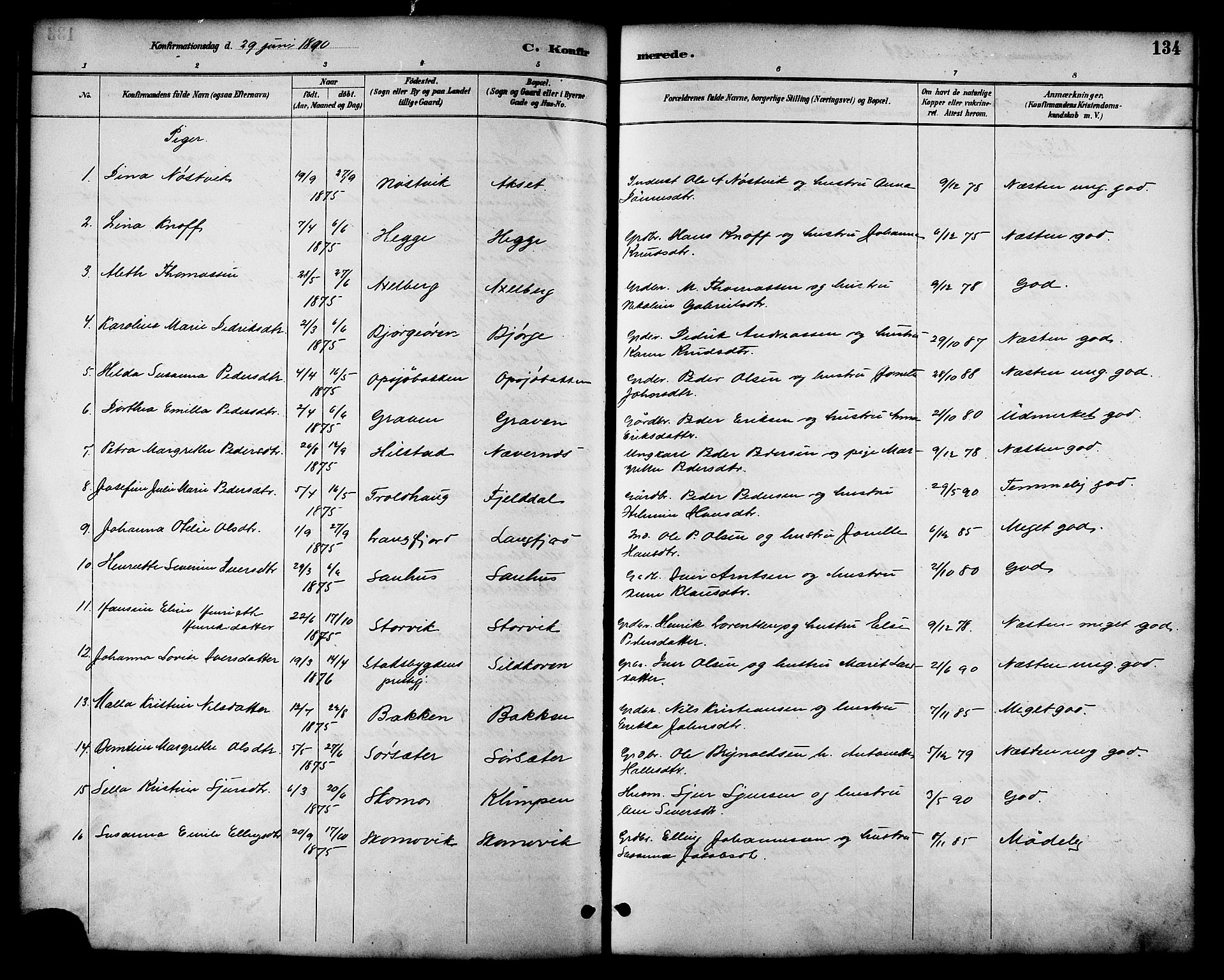 Ministerialprotokoller, klokkerbøker og fødselsregistre - Nordland, AV/SAT-A-1459/814/L0230: Parish register (copy) no. 814C03, 1884-1911, p. 134