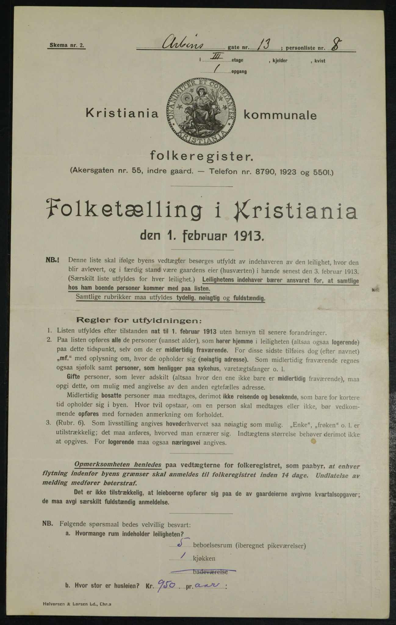 OBA, Municipal Census 1913 for Kristiania, 1913, p. 1613