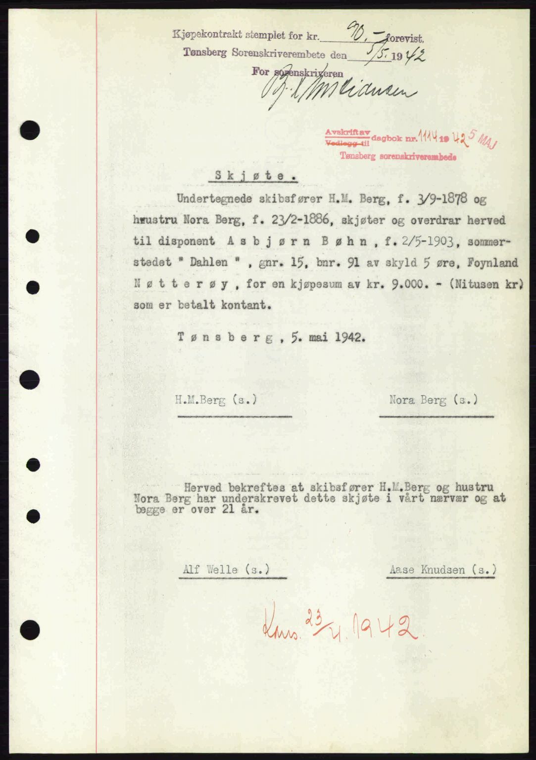 Tønsberg sorenskriveri, AV/SAKO-A-130/G/Ga/Gaa/L0011: Mortgage book no. A11, 1941-1942, Diary no: : 1114/1942