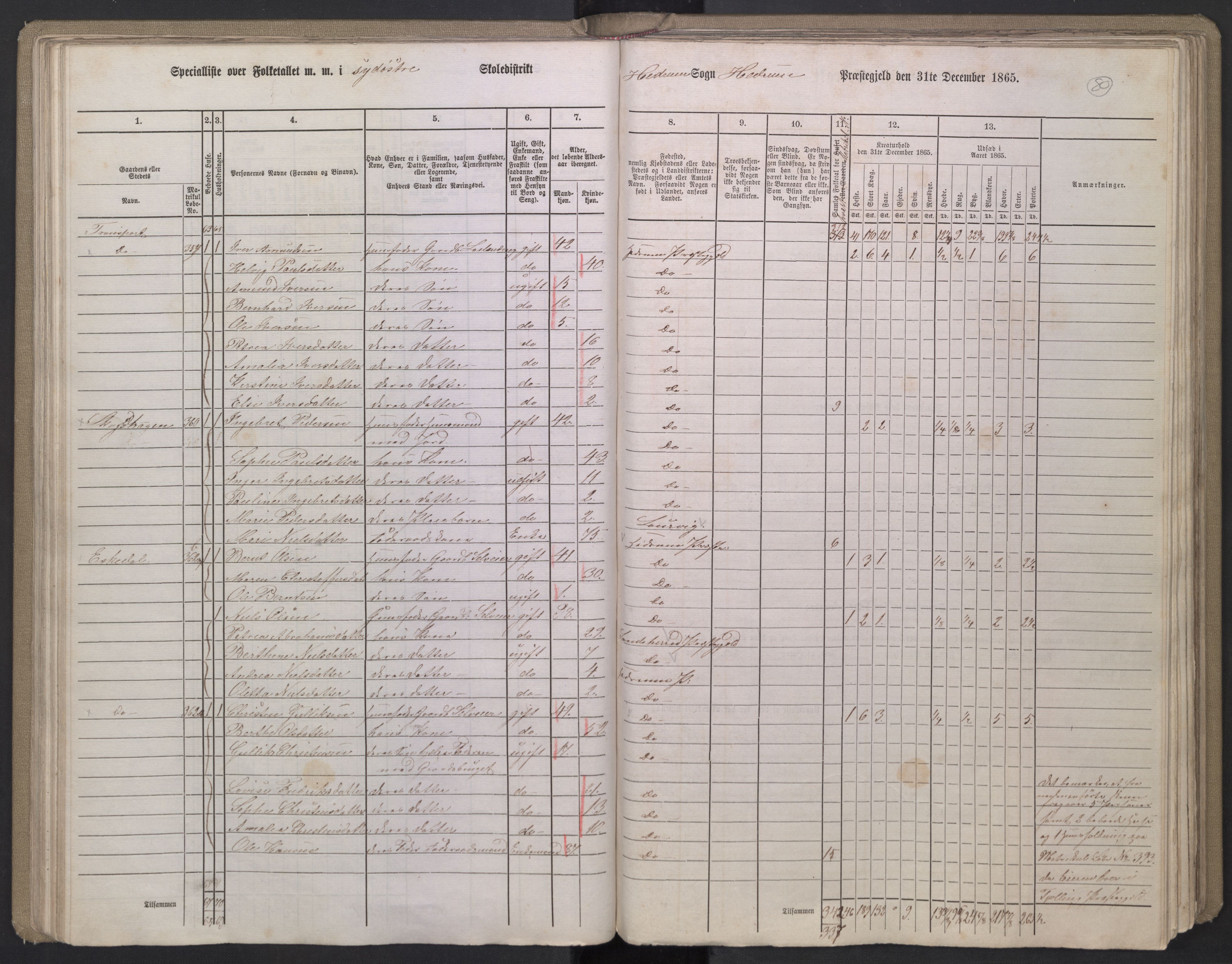 RA, 1865 census for Hedrum, 1865, p. 61