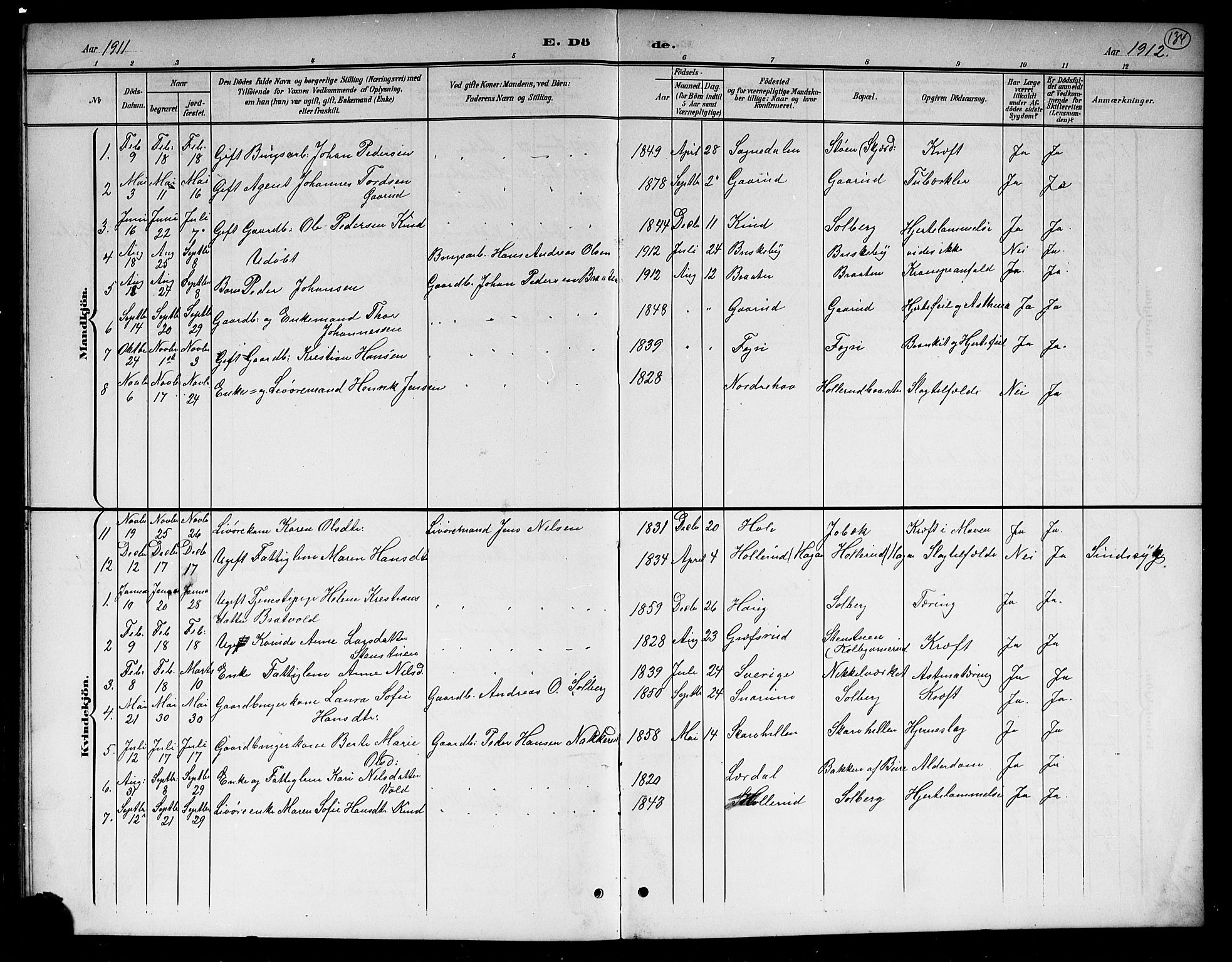Hole kirkebøker, SAKO/A-228/G/Gb/L0004: Parish register (copy) no. II 4, 1901-1916, p. 134