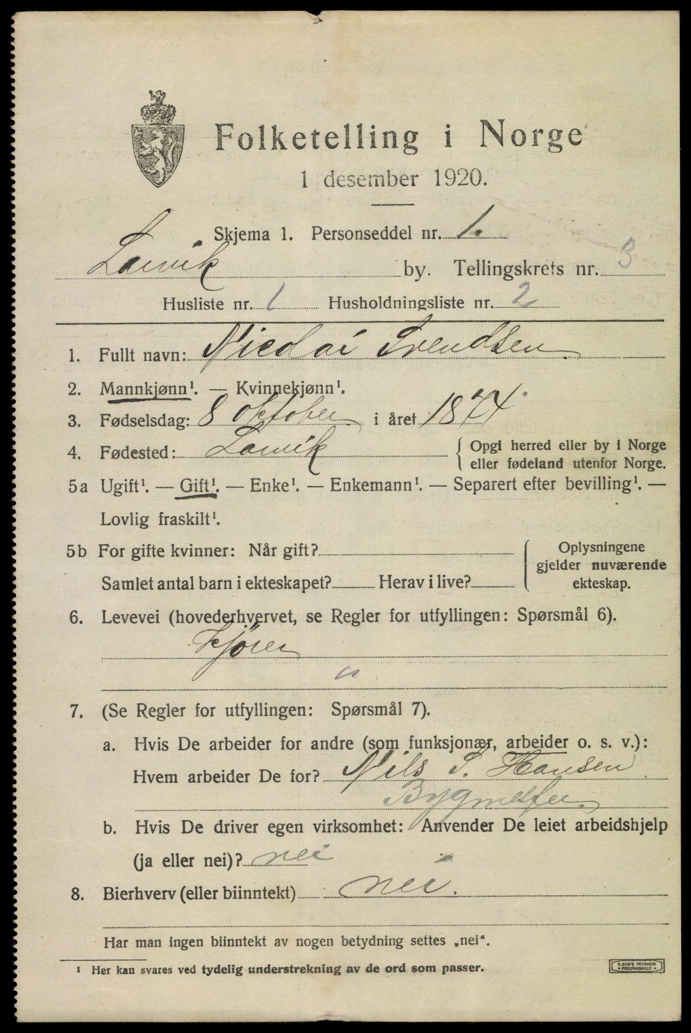 SAKO, 1920 census for Larvik, 1920, p. 12140