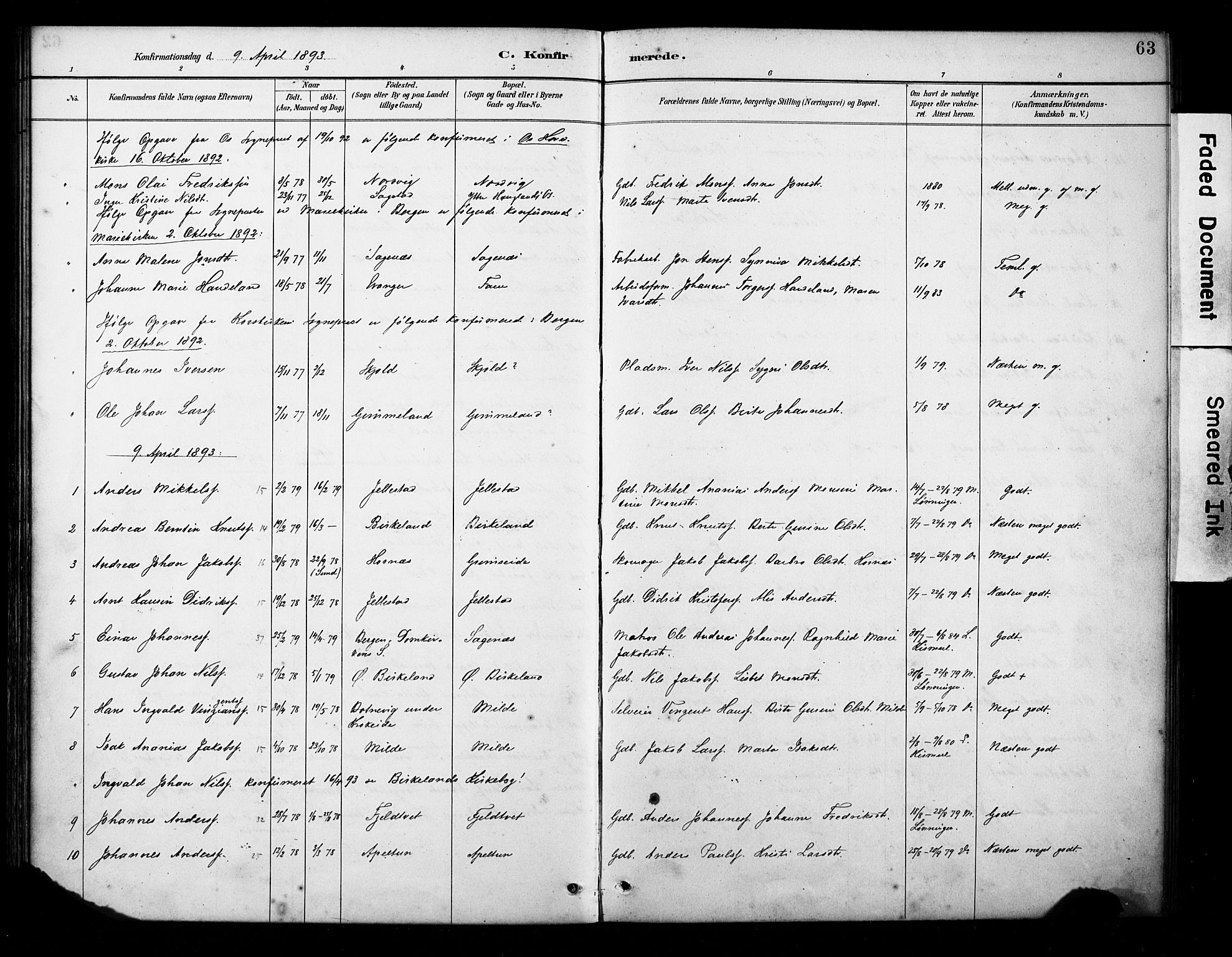 Fana Sokneprestembete, AV/SAB-A-75101/H/Haa/Haab/L0002: Parish register (official) no. B 2, 1890-1897, p. 63