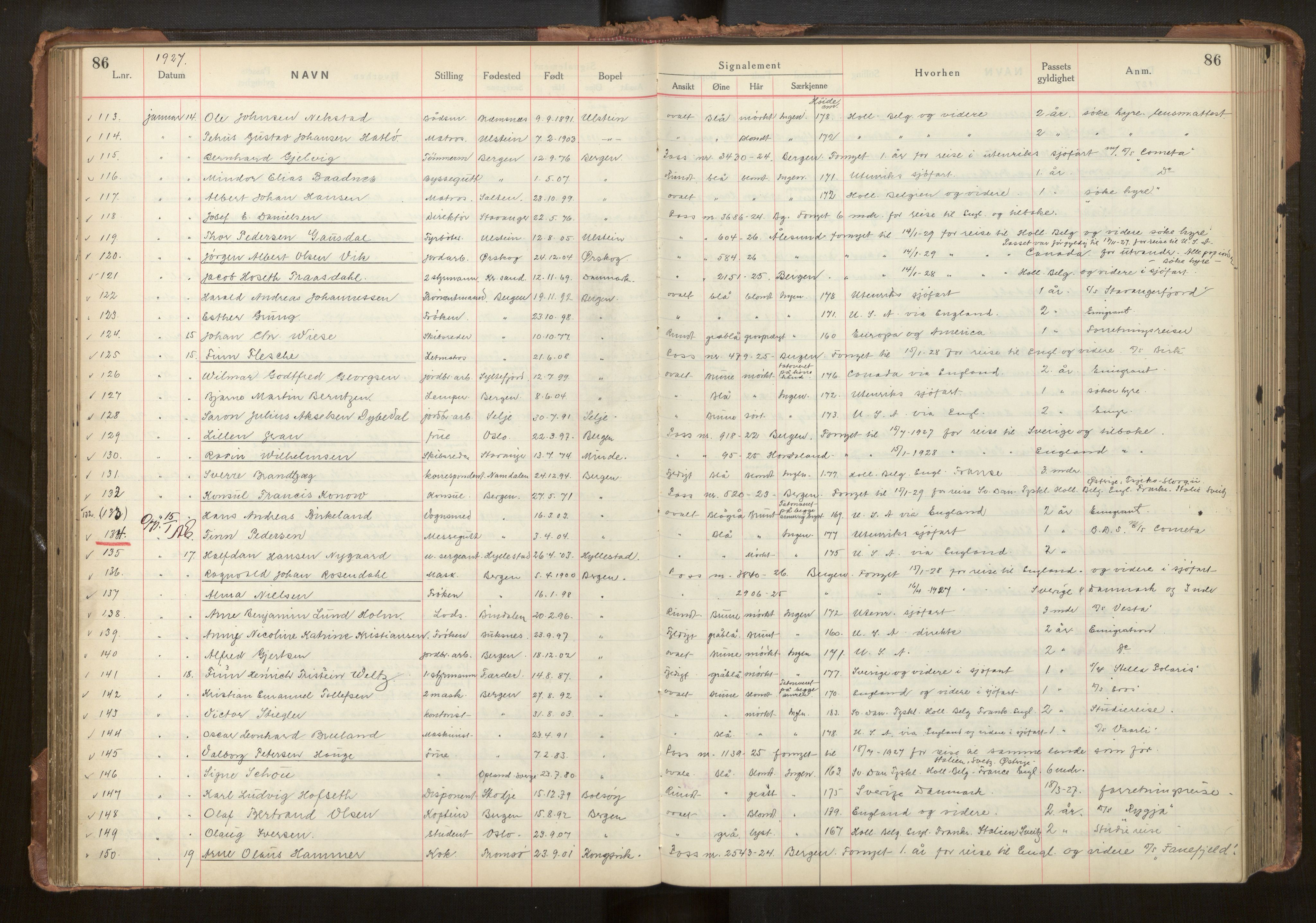 Bergen politikammer / politidistrikt, AV/SAB-A-60401/L/La/Lab/L0011: Passprotokoll, 1926-1928