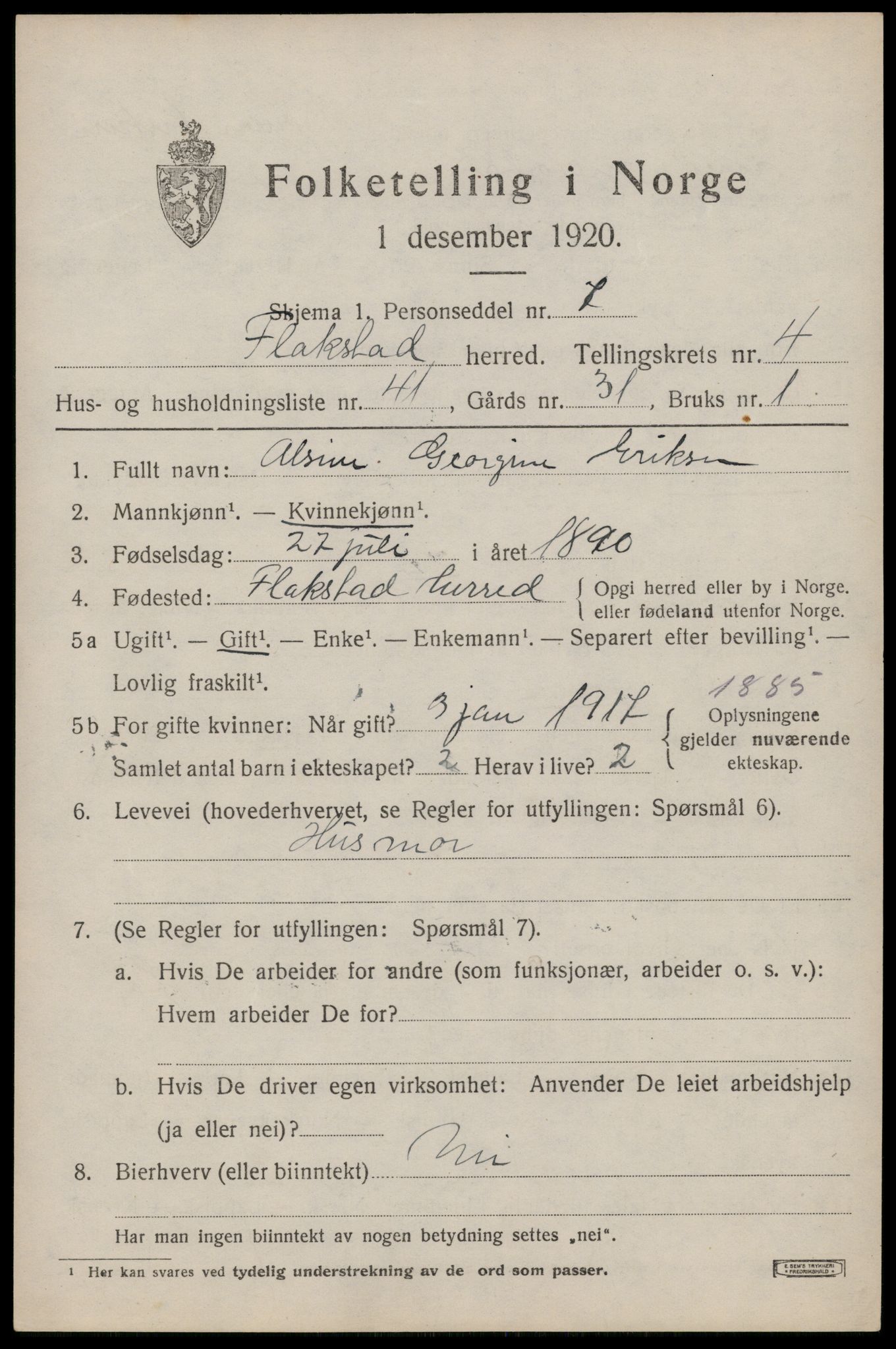 SAT, 1920 census for Flakstad, 1920, p. 3385