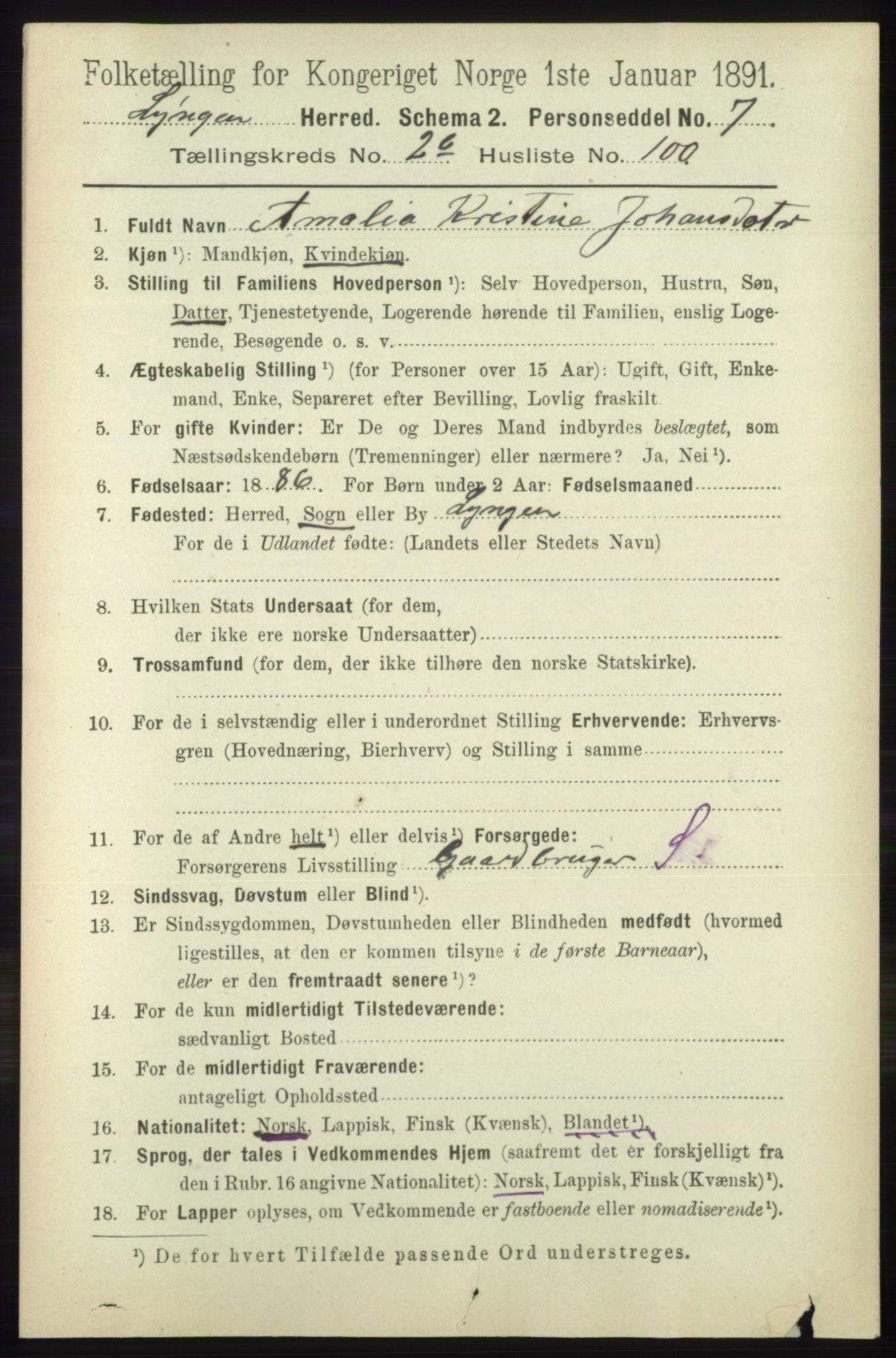 RA, 1891 census for 1938 Lyngen, 1891, p. 3064