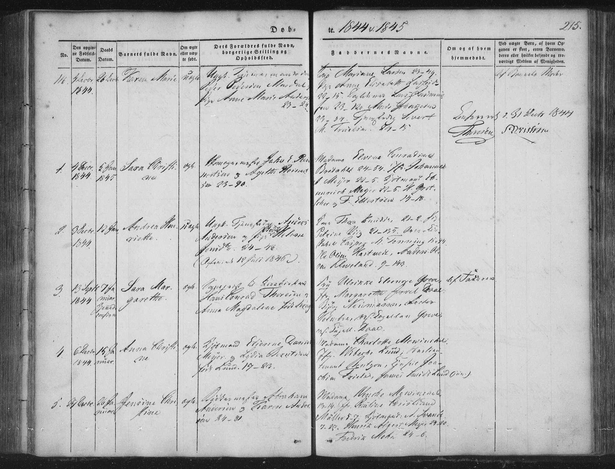 Korskirken sokneprestembete, SAB/A-76101/H/Haa/L0016: Parish register (official) no. B 2, 1841-1851, p. 215