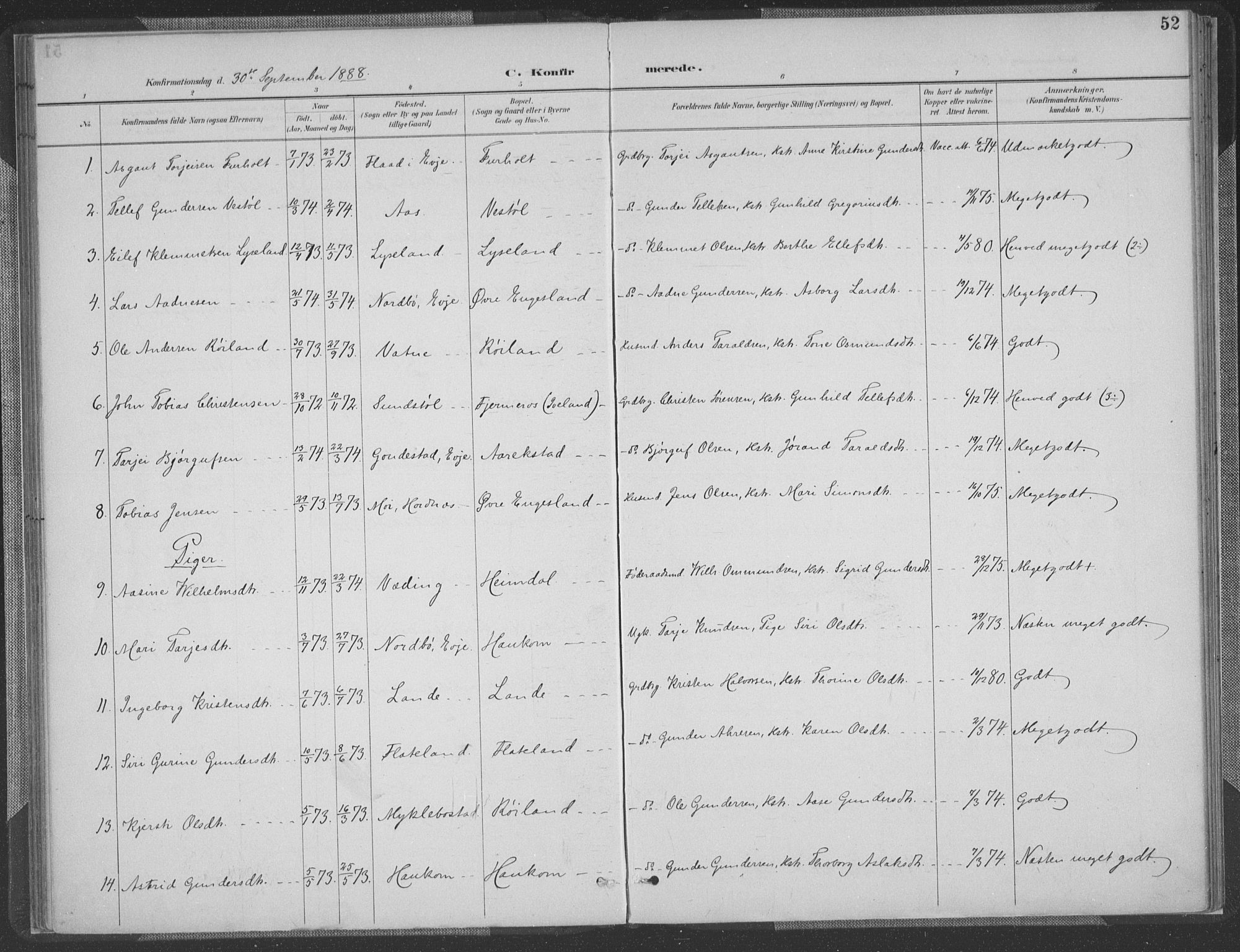 Herefoss sokneprestkontor, SAK/1111-0019/F/Fa/Fab/L0004: Parish register (official) no. A 4, 1887-1909, p. 52