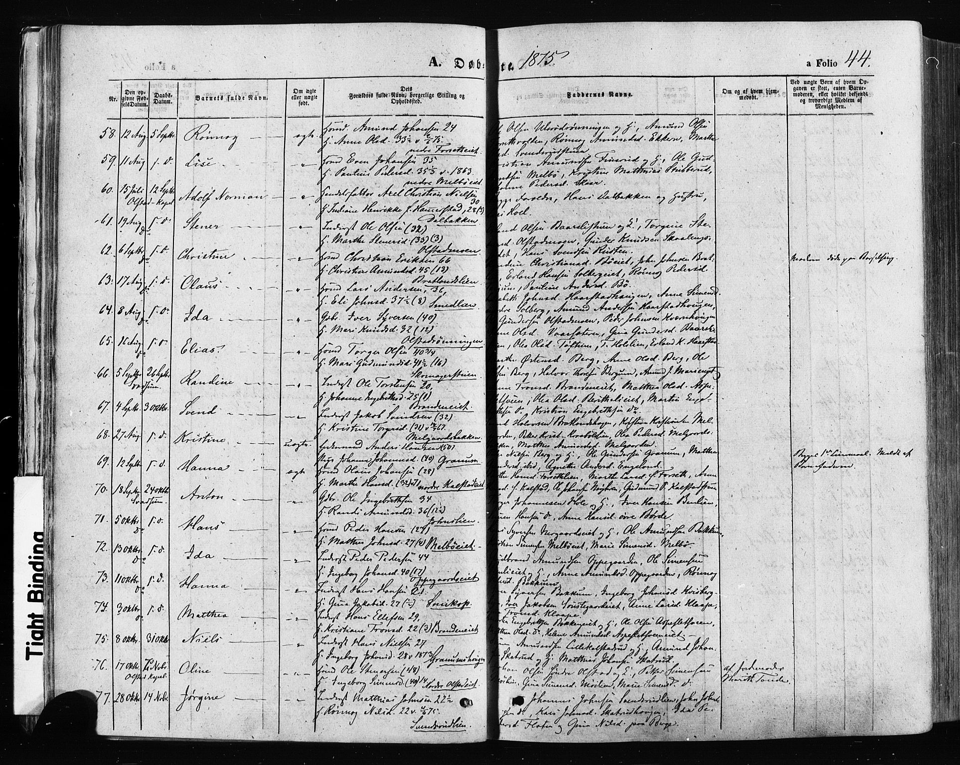 Gausdal prestekontor, SAH/PREST-090/H/Ha/Haa/L0010: Parish register (official) no. 10, 1867-1886, p. 44