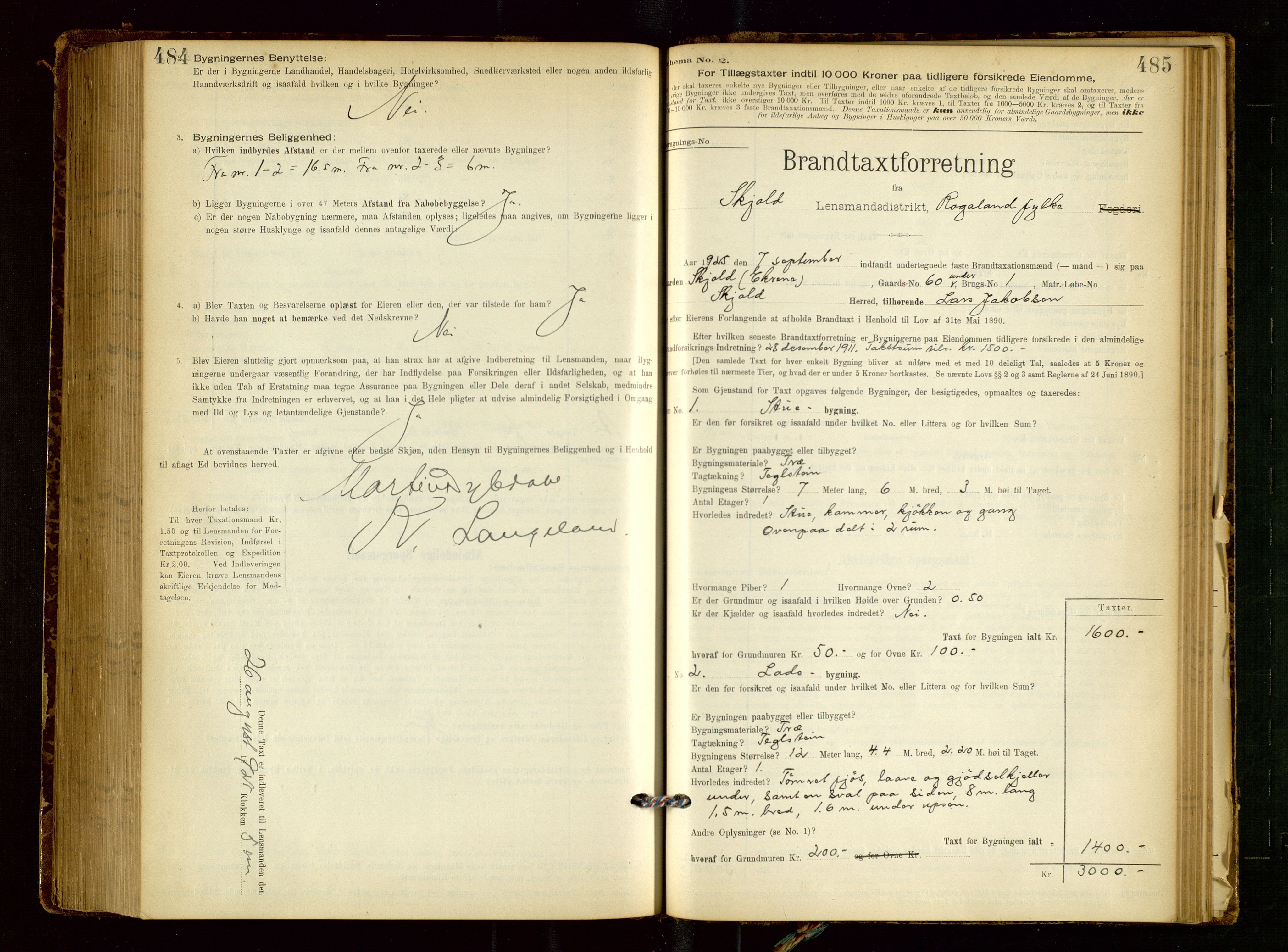 Skjold lensmannskontor, AV/SAST-A-100182/Gob/L0001: "Brandtaxationsprotokol for Skjold Lensmandsdistrikt Ryfylke Fogderi", 1894-1939, p. 484-485