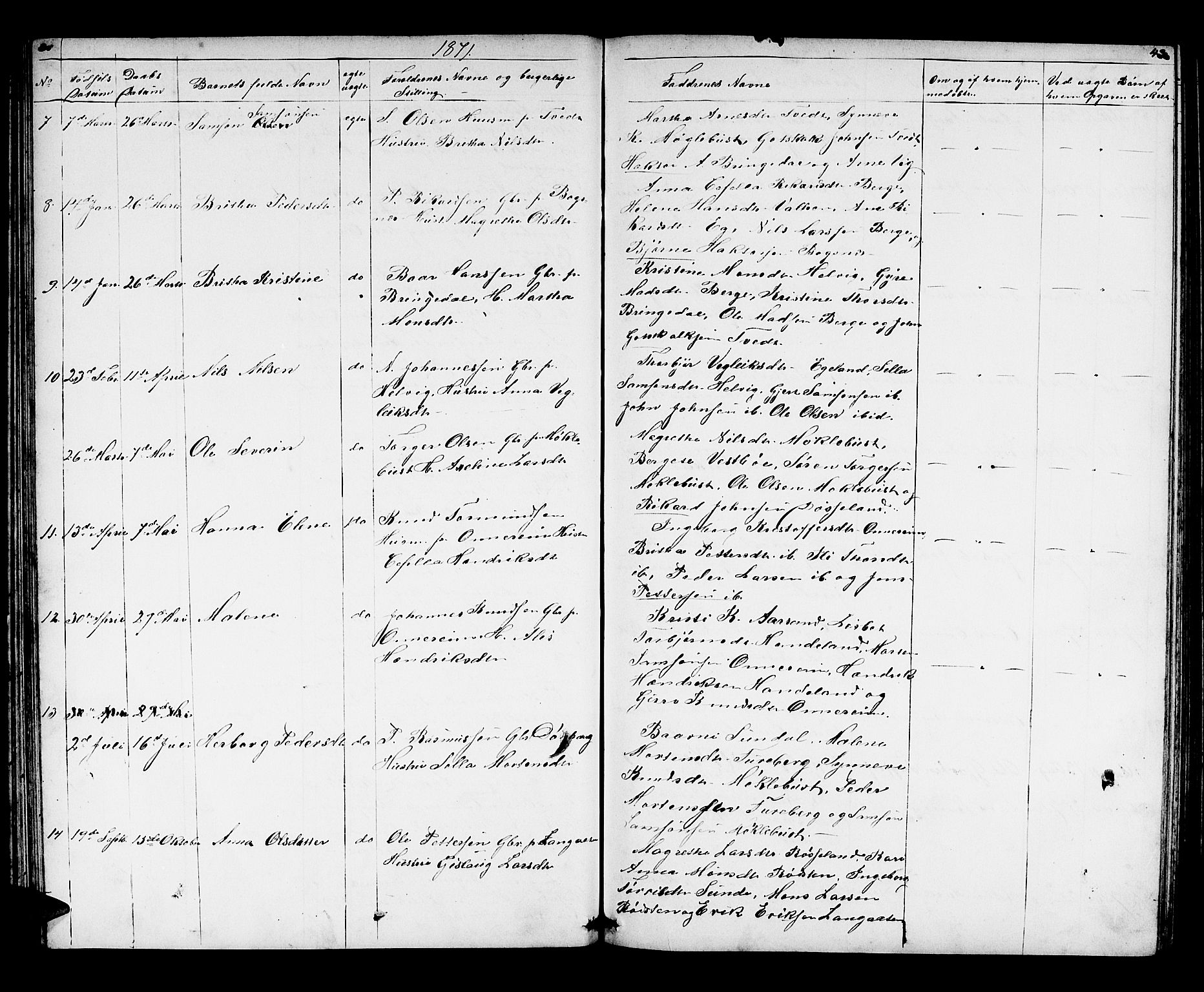 Husnes Sokneprestembete, AV/SAB-A-75901/H/Hab: Parish register (copy) no. A 1, 1856-1880, p. 43