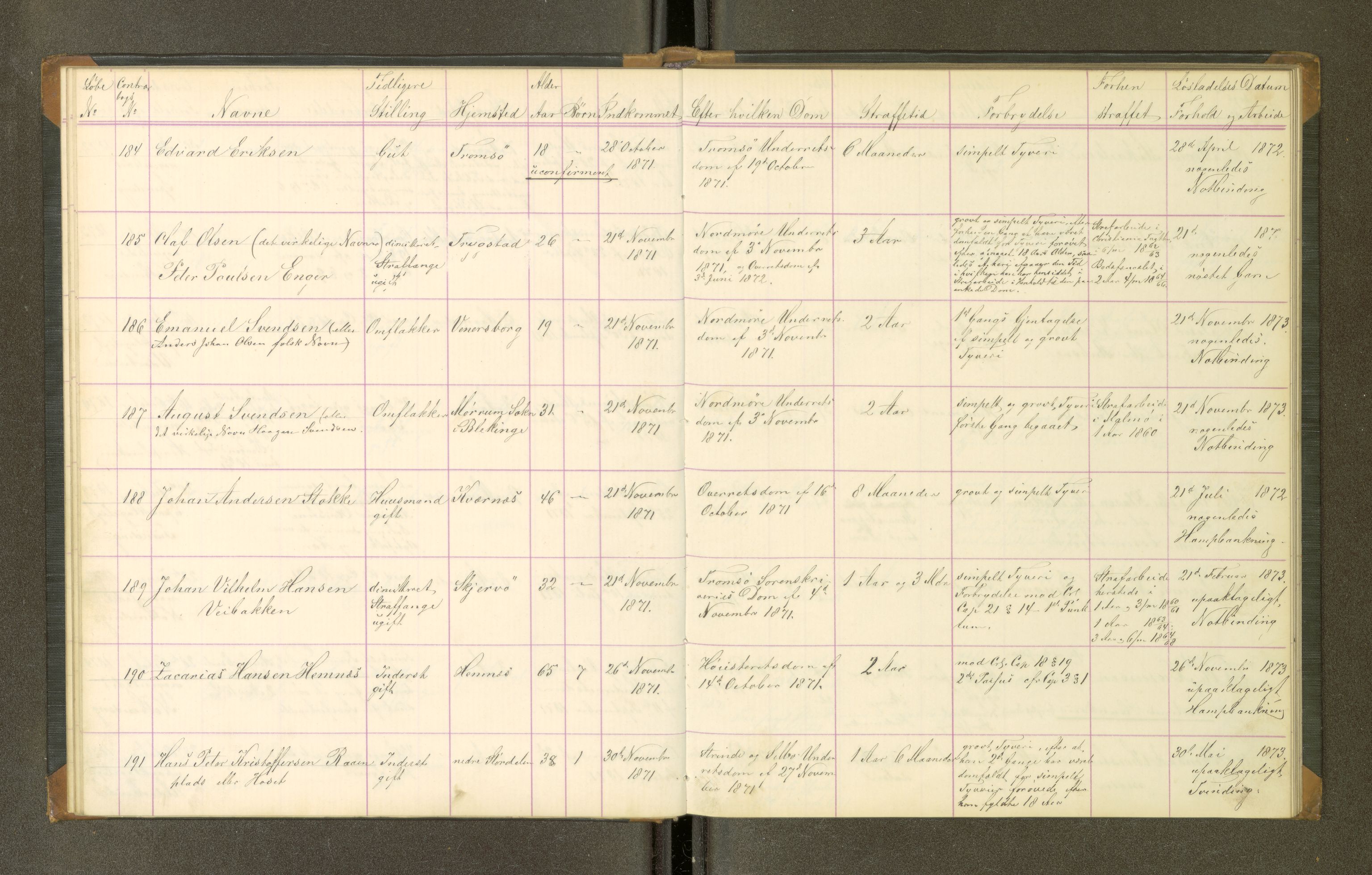 Trondheim tukthus, SAT/A-4619/05/65/L0027: 65.27 Fangeprotokoll, 1871