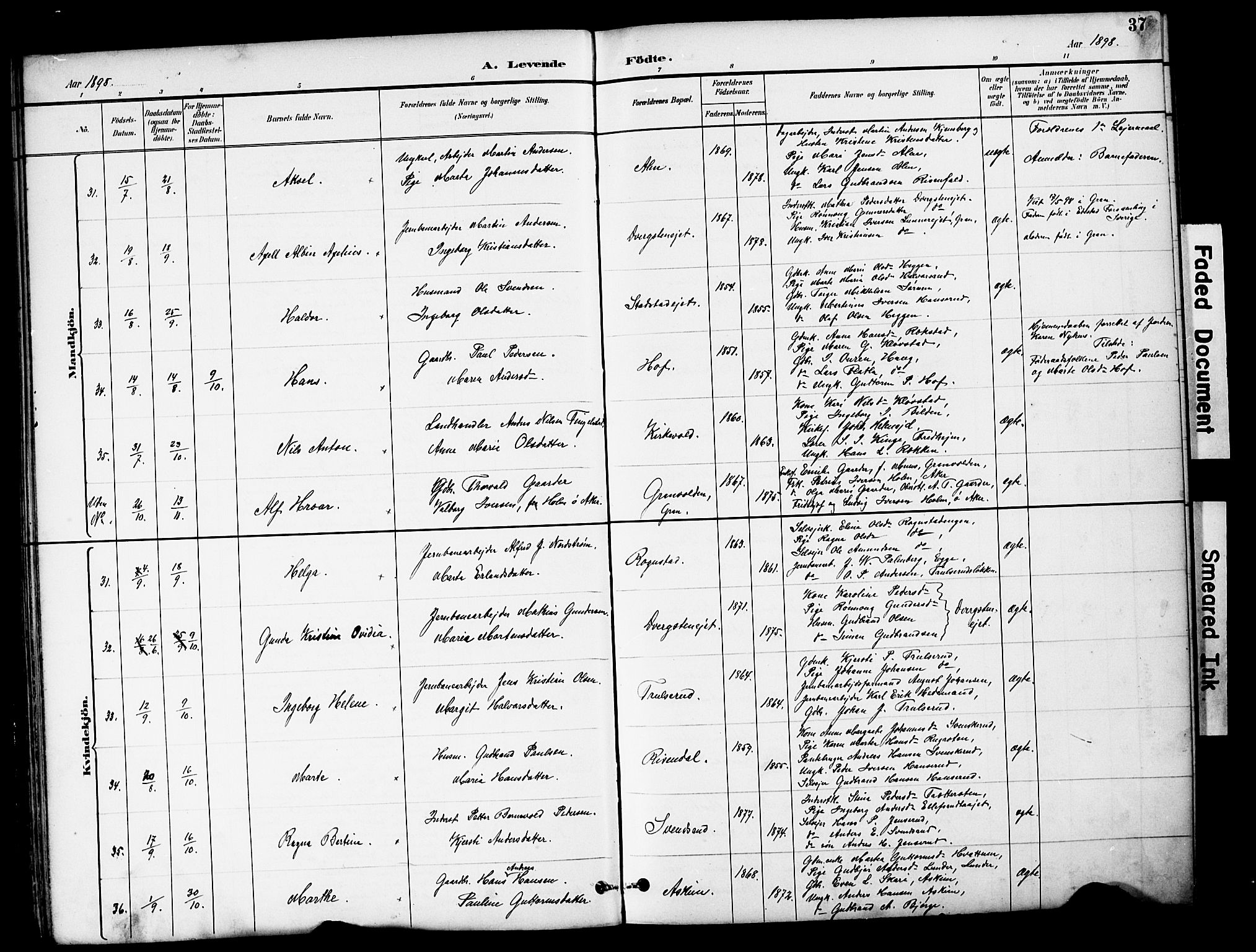 Brandbu prestekontor, SAH/PREST-114/H/Ha/Hab/L0006: Parish register (copy) no. 6, 1893-1902, p. 37